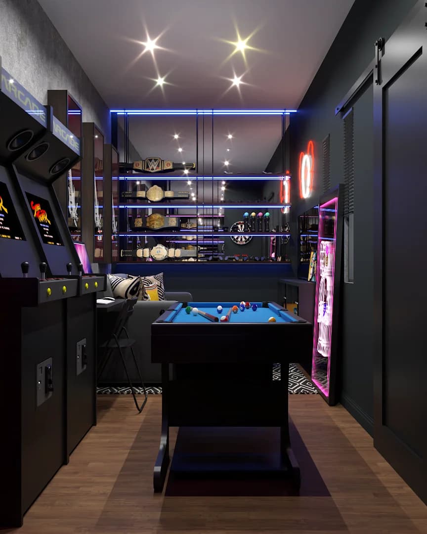 Blue felt billiards table under pendant lights with neon backlit shelving and belts