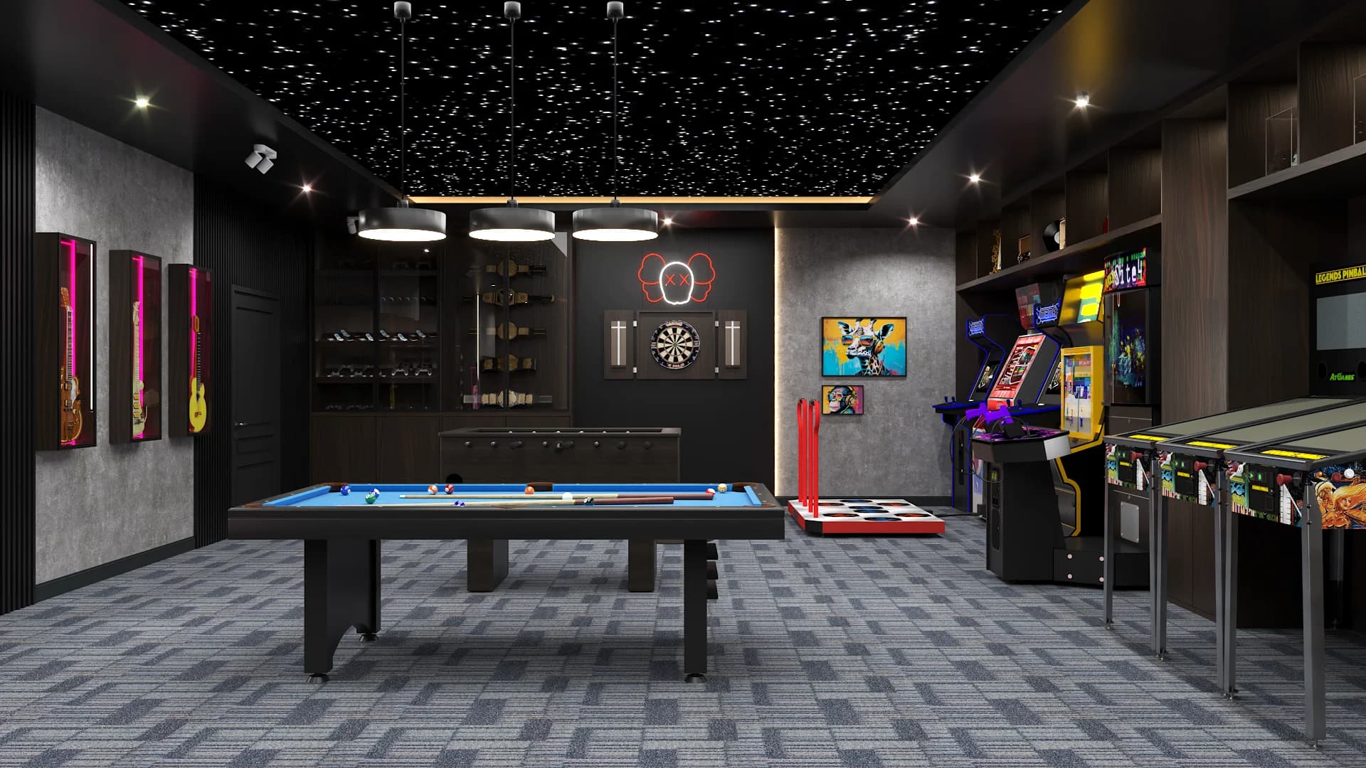 Blue felt pool table centered under three pendant lights with dartboard nook behind