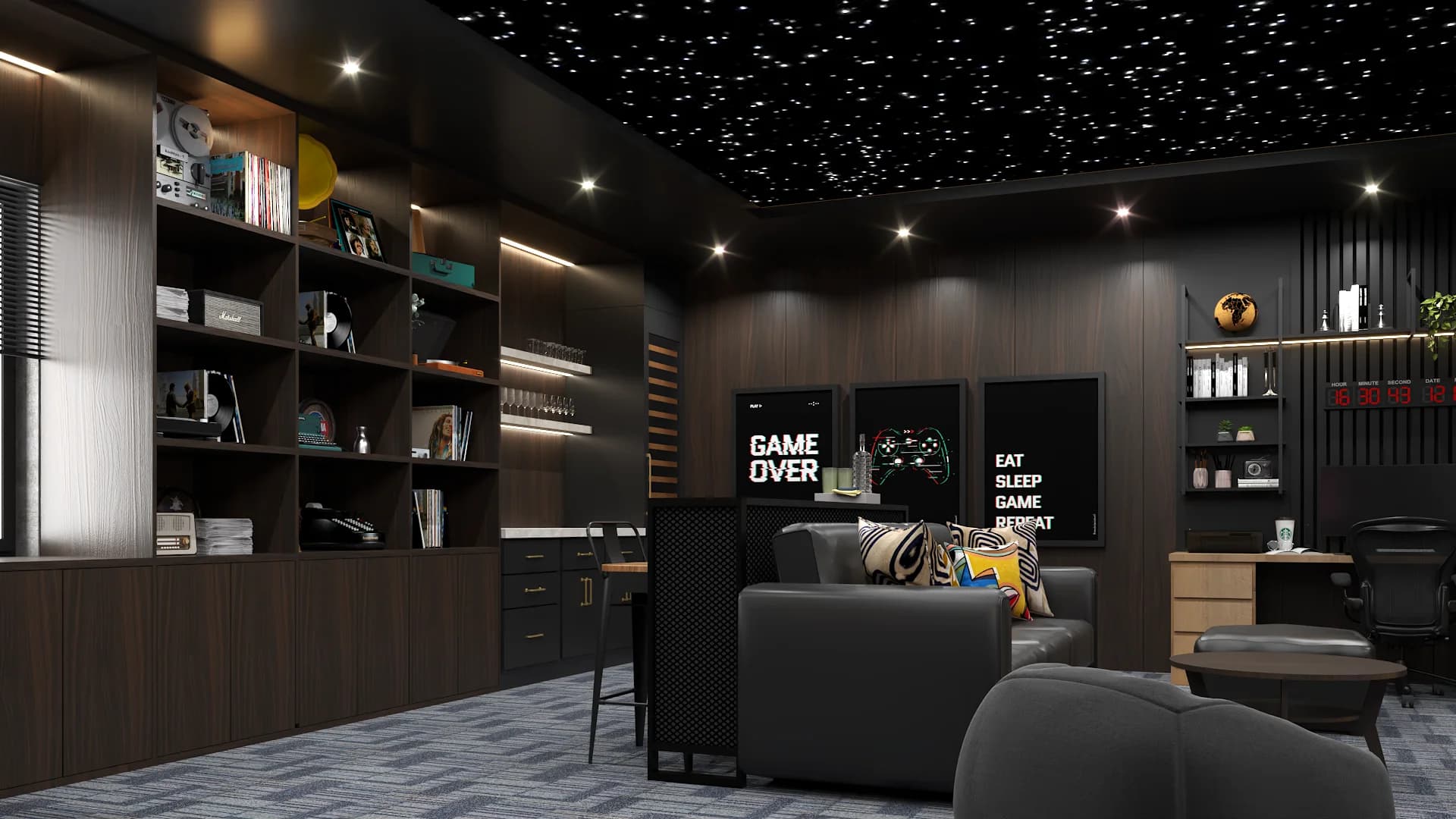 Dark wood bookcase wall beside leather sectional and round coffee table in game lounge