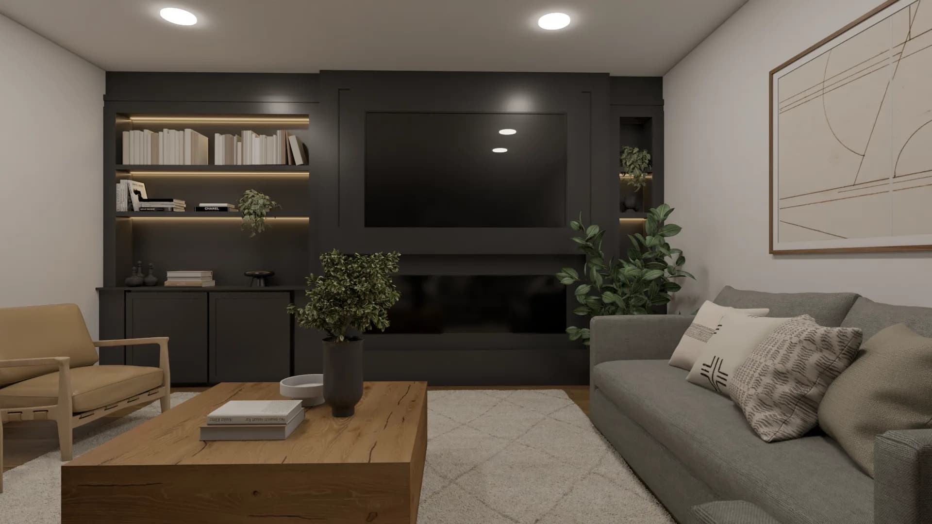 Wider view showing full charcoal built-in with backlit shelves, gray sofa, and oak table on shag rug