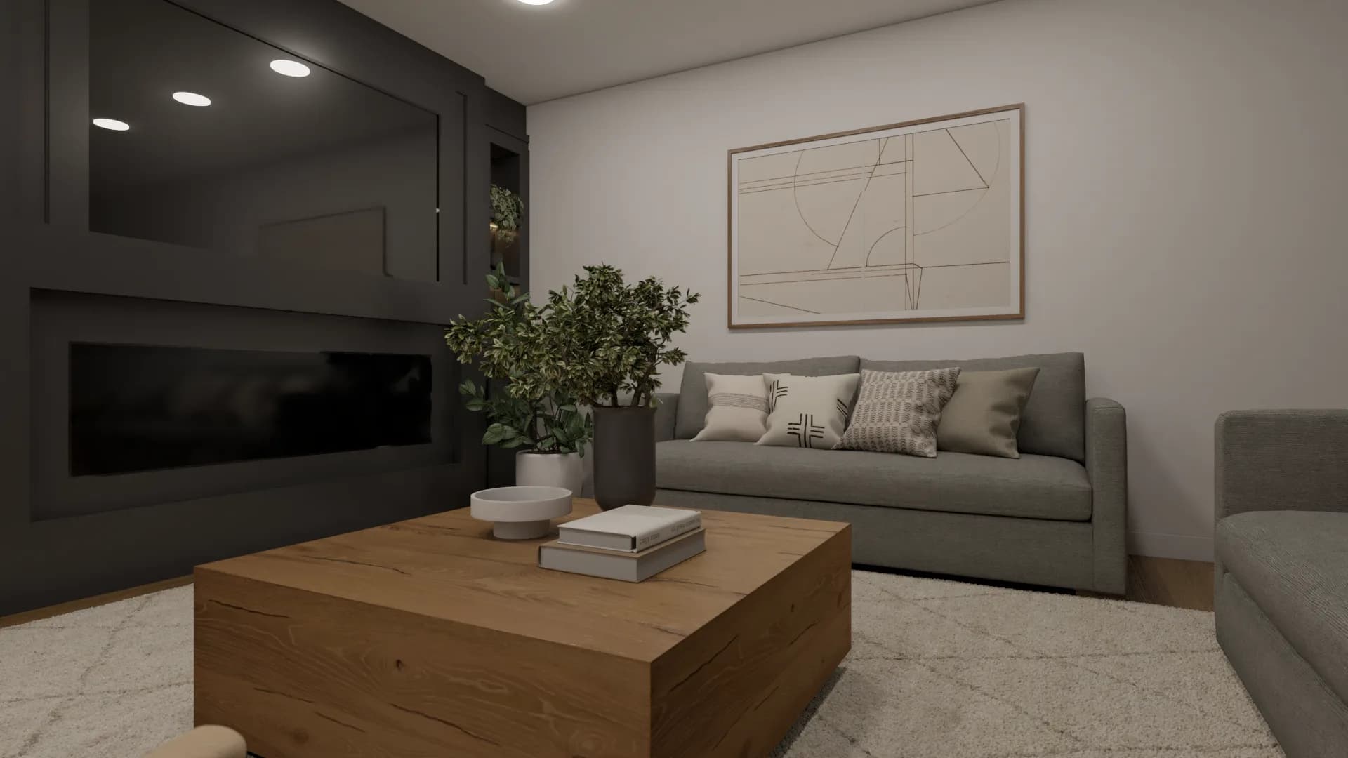 Basement media room with charcoal built-in TV wall, linear fireplace, backlit shelving, gray sofa, oak table, and cream shag rug