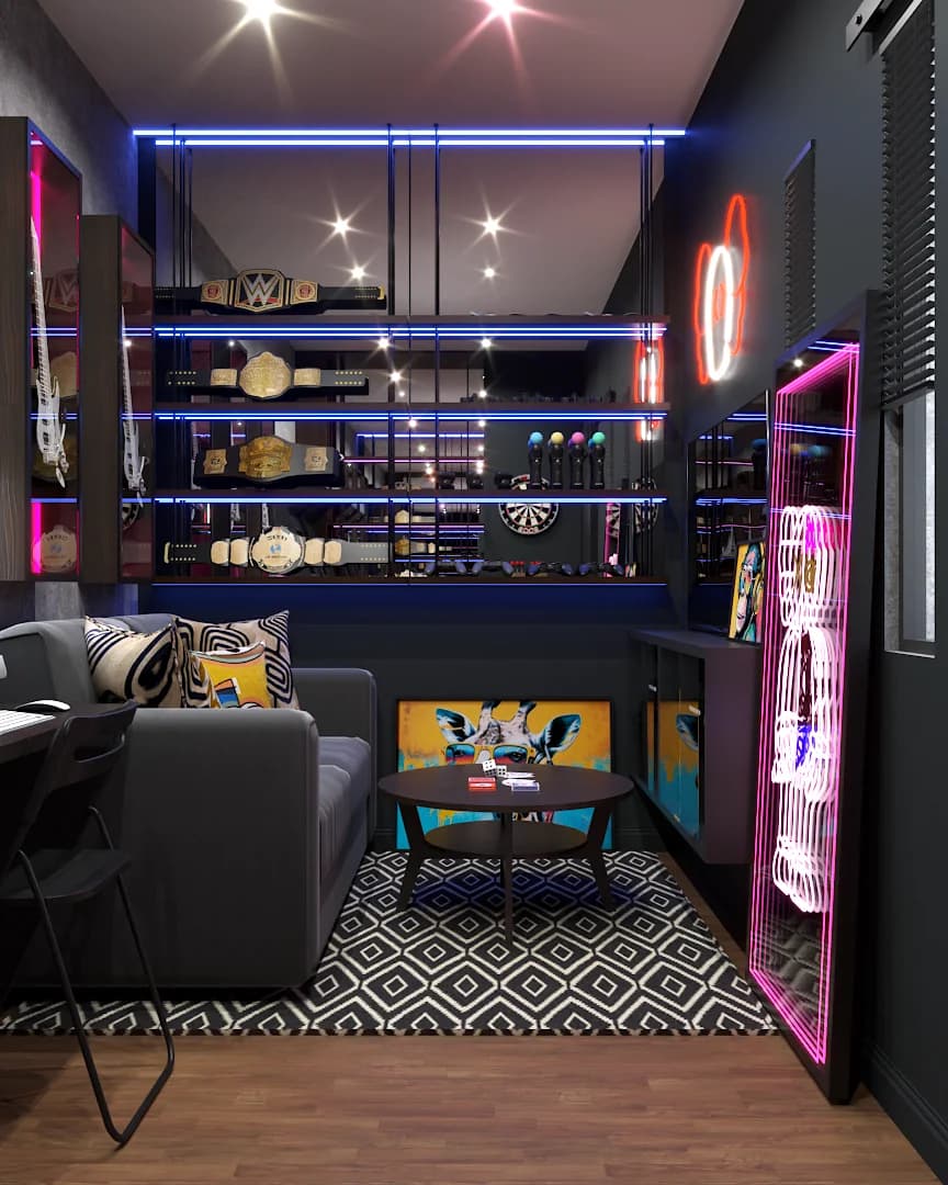 Compact neon-lit nook with championship belt displays, gray sofa, and patterned rug