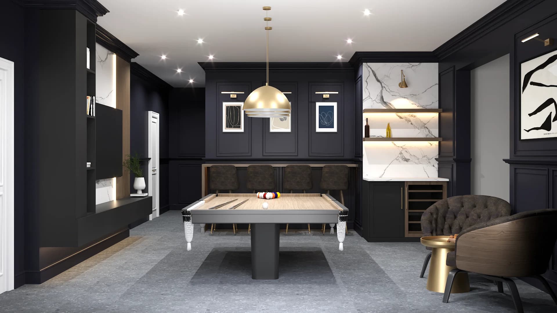Near-black wainscoting billiard room with marble wet bar, gold dome pendant, velvet barrel chairs, and cue storage