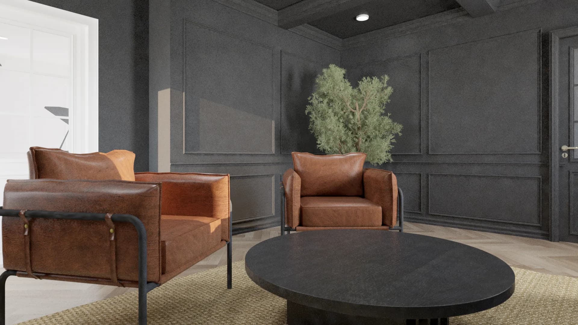 Cigar lounge from opposing angle showing cognac armchairs, olive tree, and slate table on jute rug
