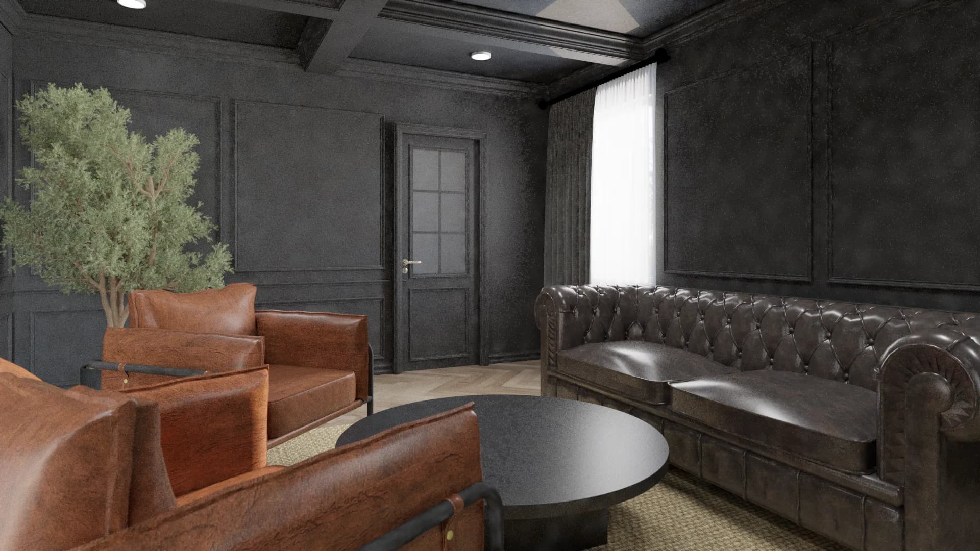 Cigar lounge with charcoal paneled walls, cognac leather armchairs, dark Chesterfield sofa, olive tree, and black coffee table