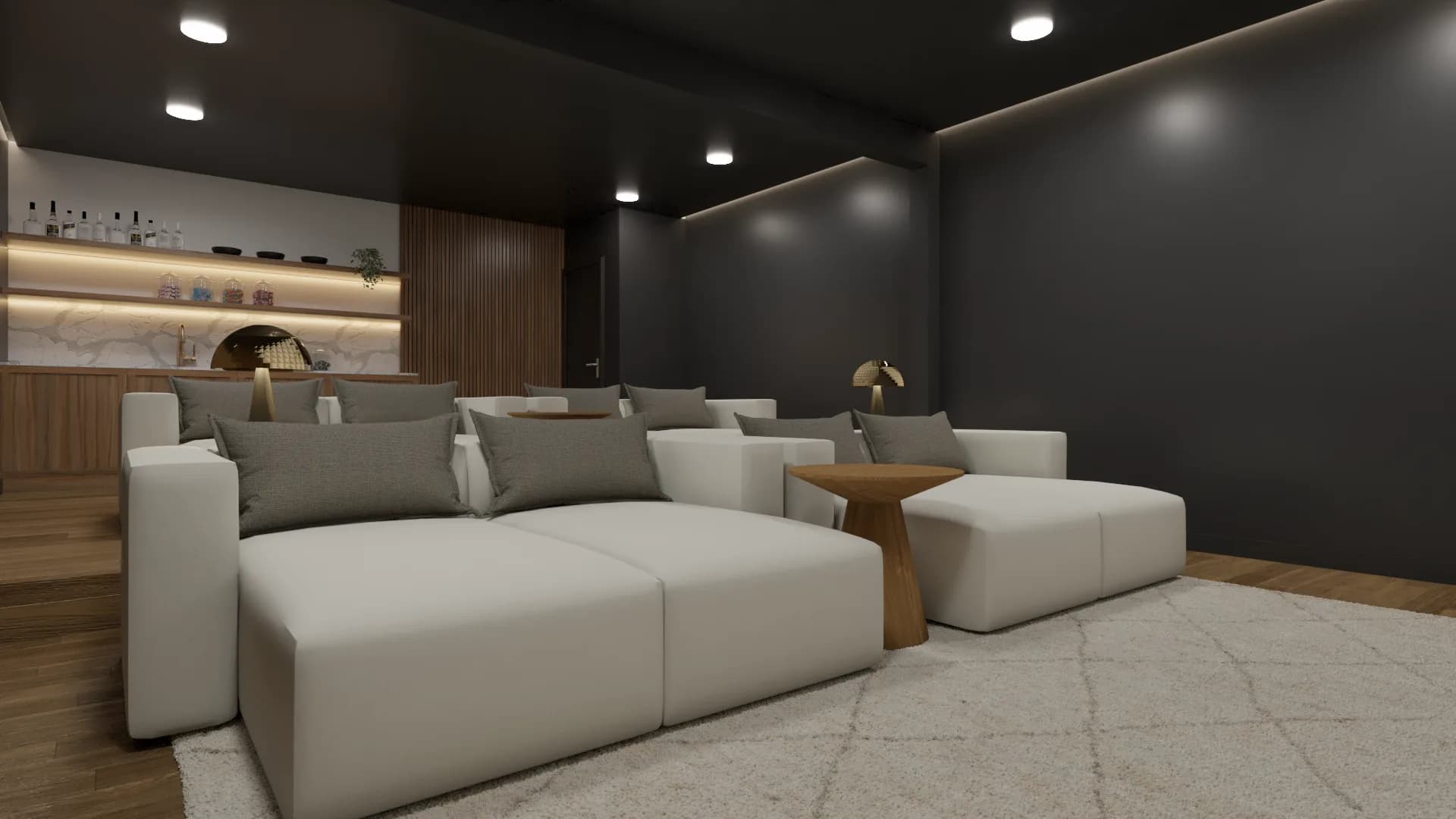Home theater with cream modular sofas, charcoal walls and ceiling, recessed lighting, and backlit oak wet bar