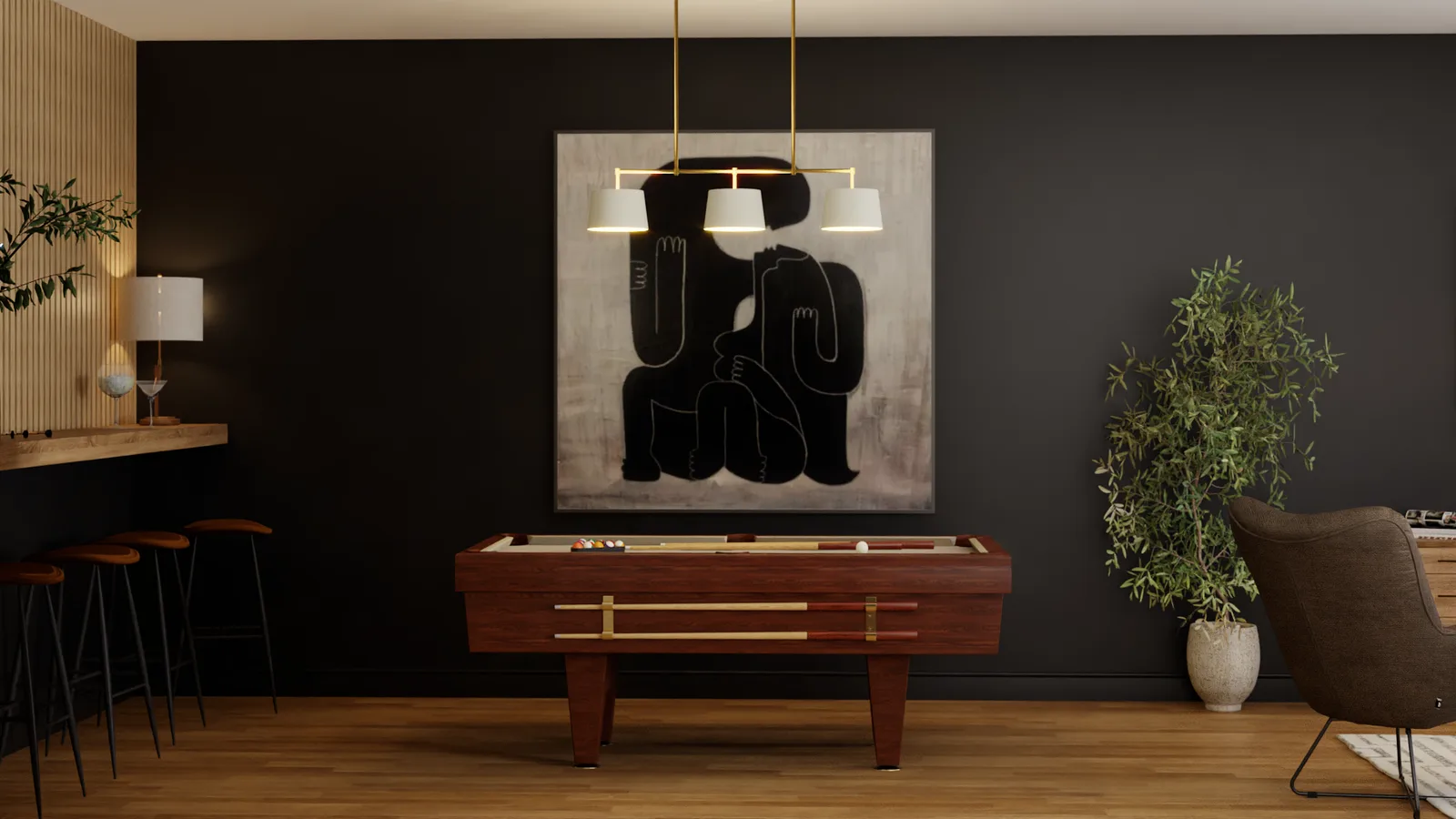 Walnut billiard table with brass rails, three-shade pendant light, charcoal wall with abstract art canvas