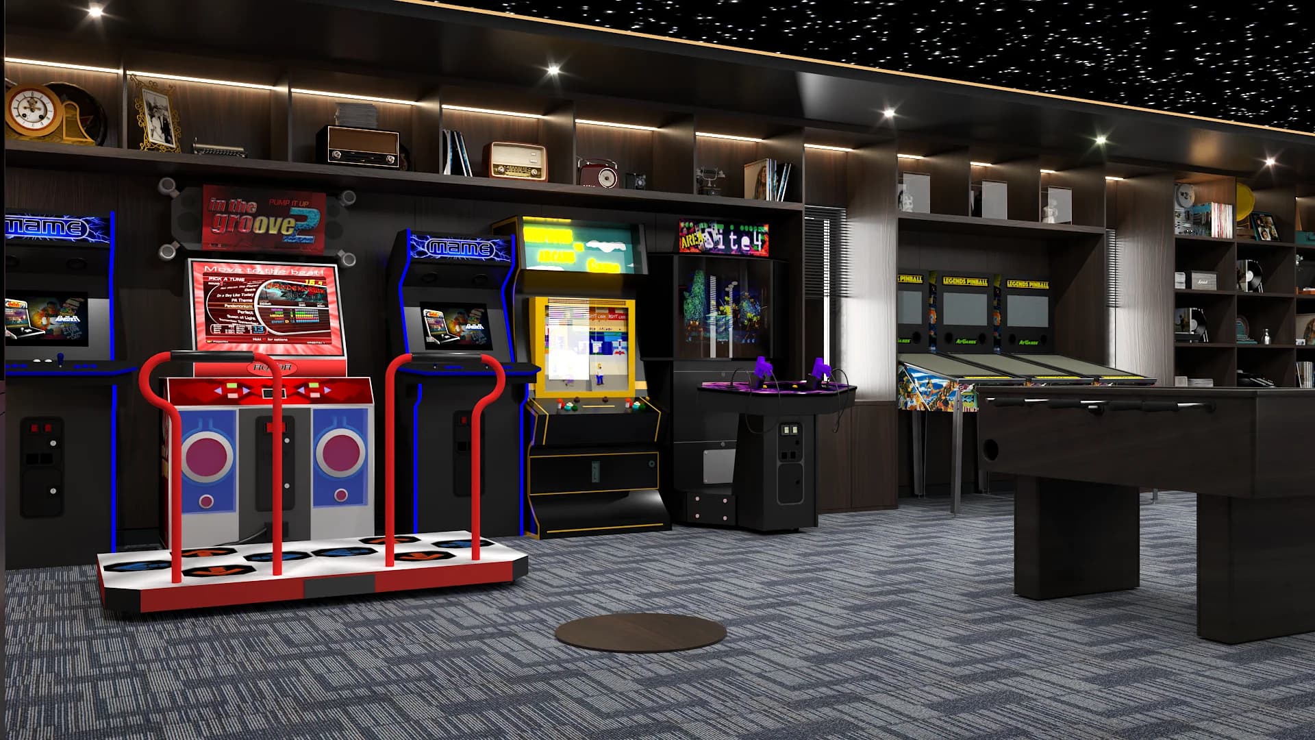 Foosball table beside arcade cabinets and pinball row under fiber optic star ceiling