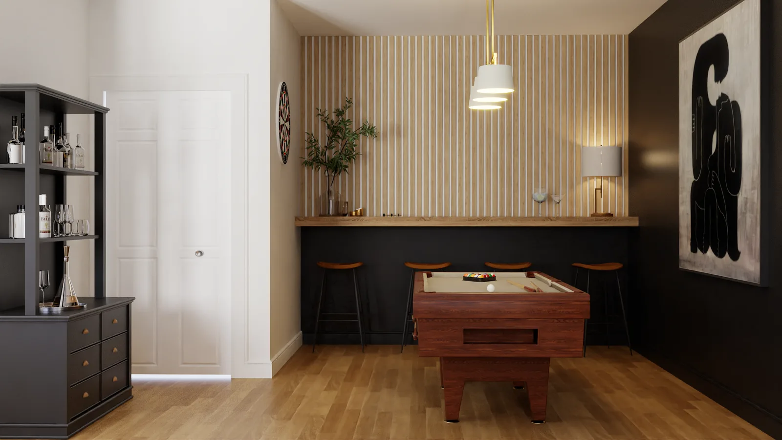 Game table beside wood slat accent wall with dark bar cabinet and white pendant light