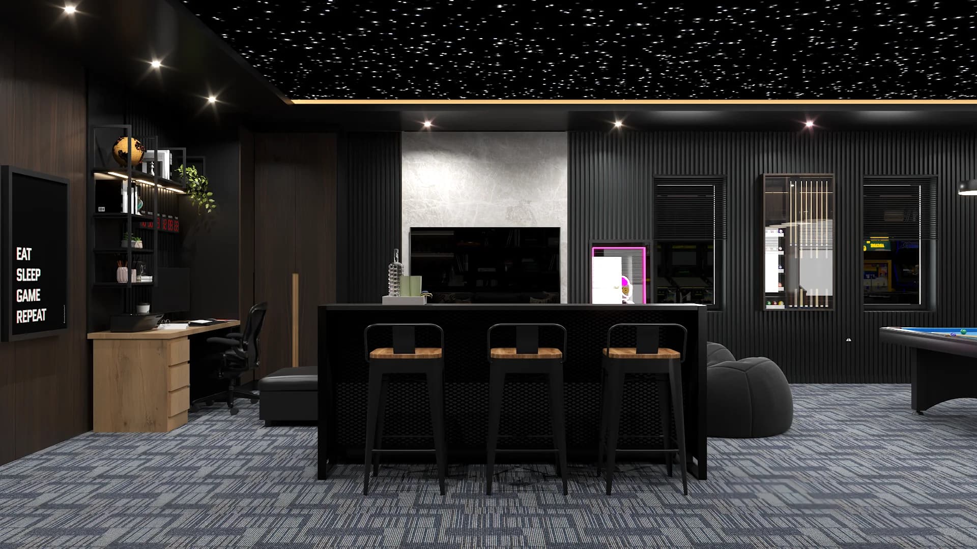 Black bar counter with three cane bar stools under Eat Sleep Game Repeat framed art