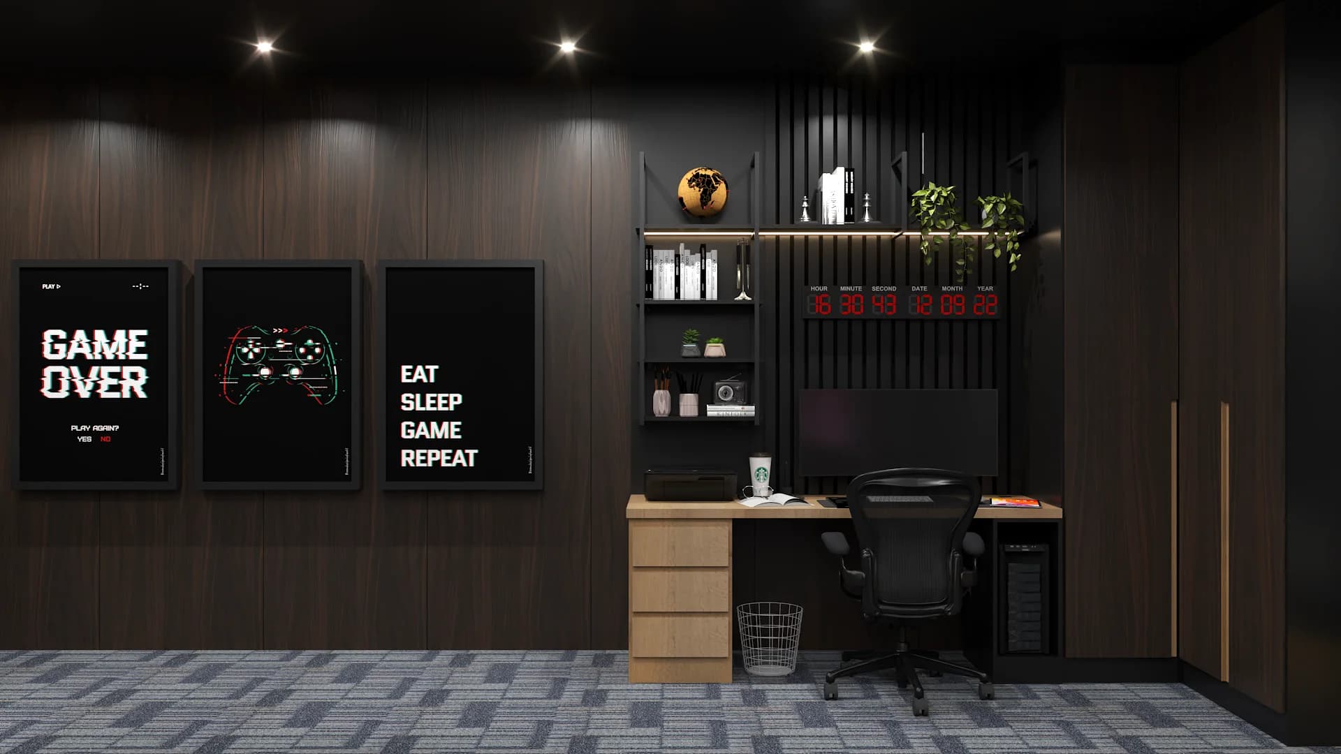 Dark wood desk with ergonomic chair beside Game Over poster gallery wall in home office