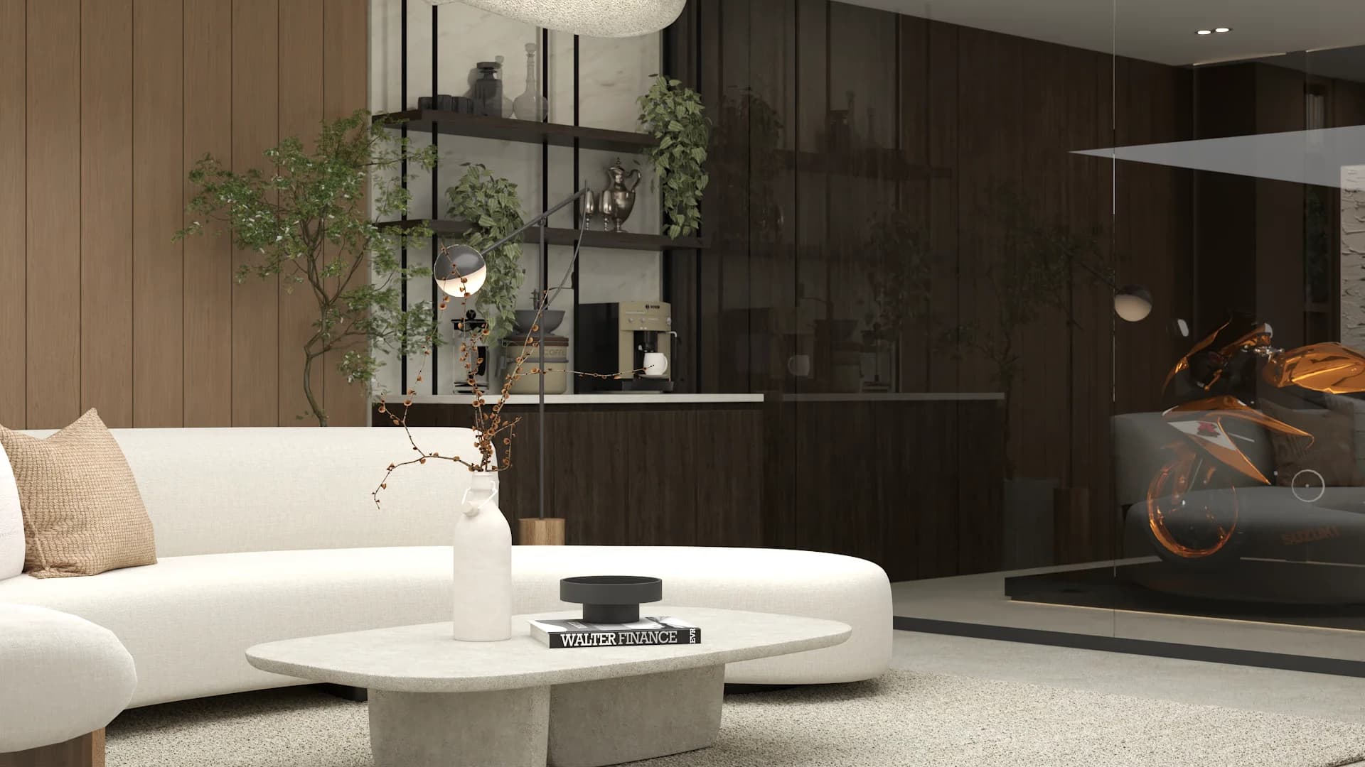 Curved sofa beside metal bookshelf with glass motorcycle display in background