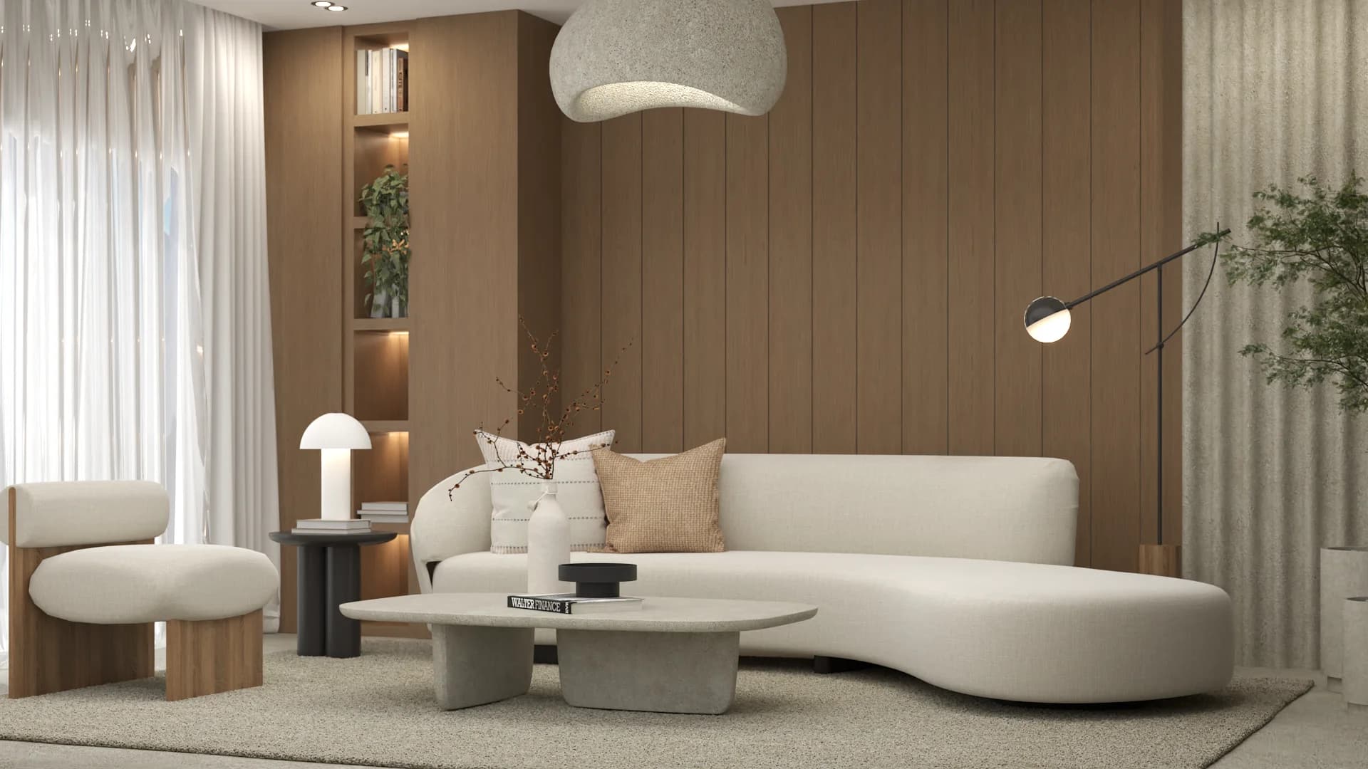 Garage lounge with curved white sofa, lit oak shelving, armchair, and organic pendant light