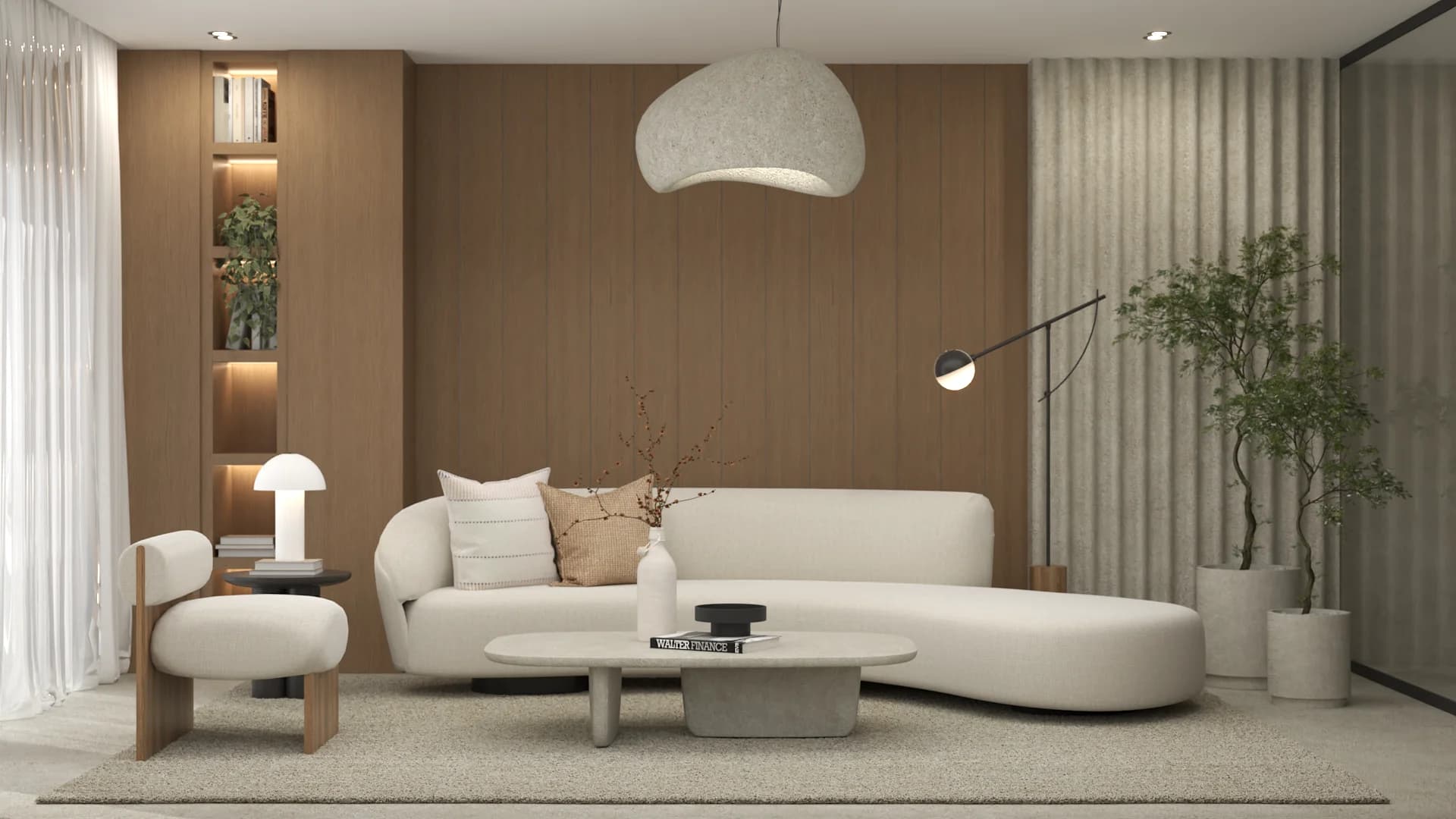 Curved white sofa against warm oak vertical panels with lit built-in shelving and pendant light