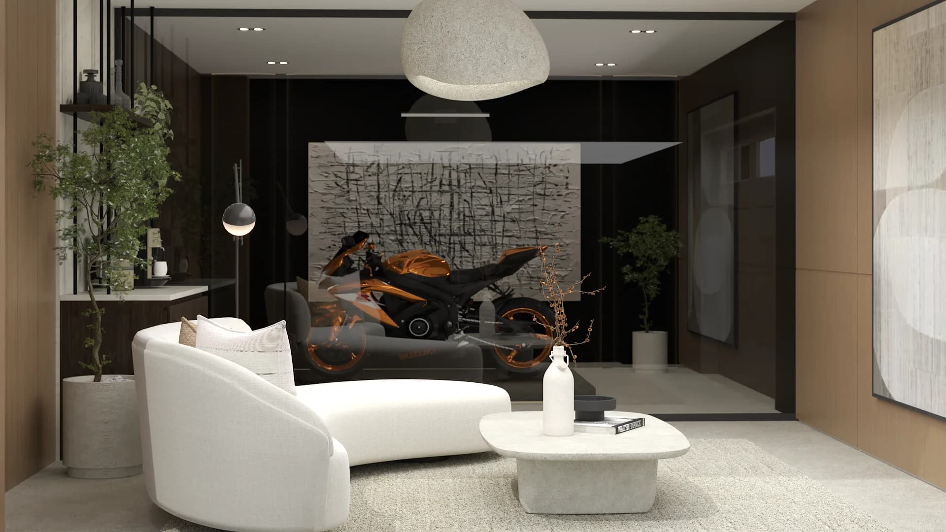 Curved white boucle sofa facing glass-enclosed orange motorcycle display in a warm wood-paneled garage lounge