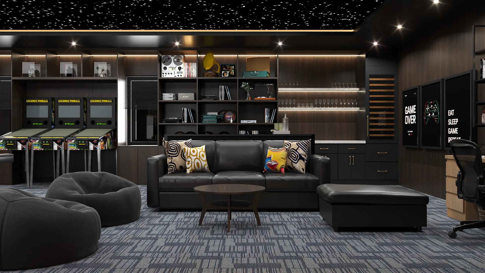 Gray leather sectional with yellow accent pillow facing arcade cabinet lineup and bookshelves