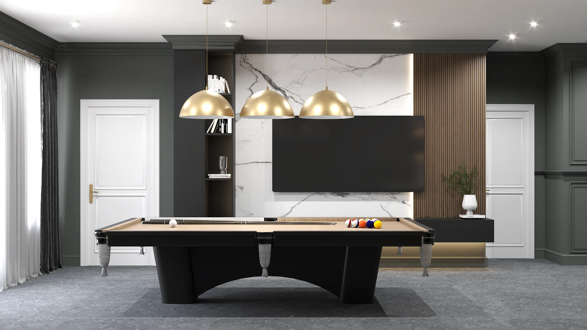 Black pool table under triple gold dome pendants, marble and wood slat TV wall