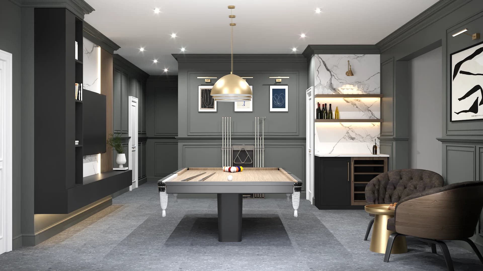 Gray sage billiard room with pool table, gold pendant light, and marble bar shelving