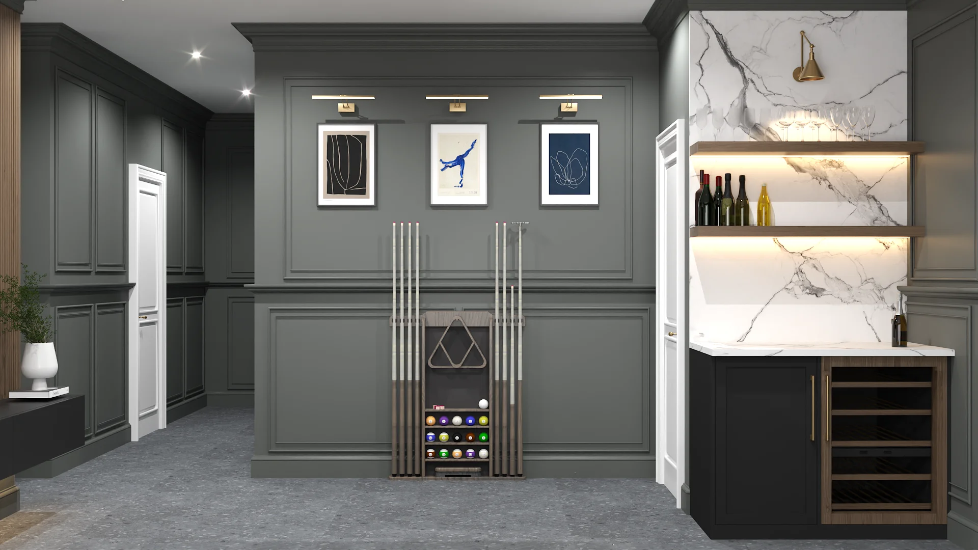 Gray wainscoting wall with cue rack, ball display, marble wet bar, and gallery art prints