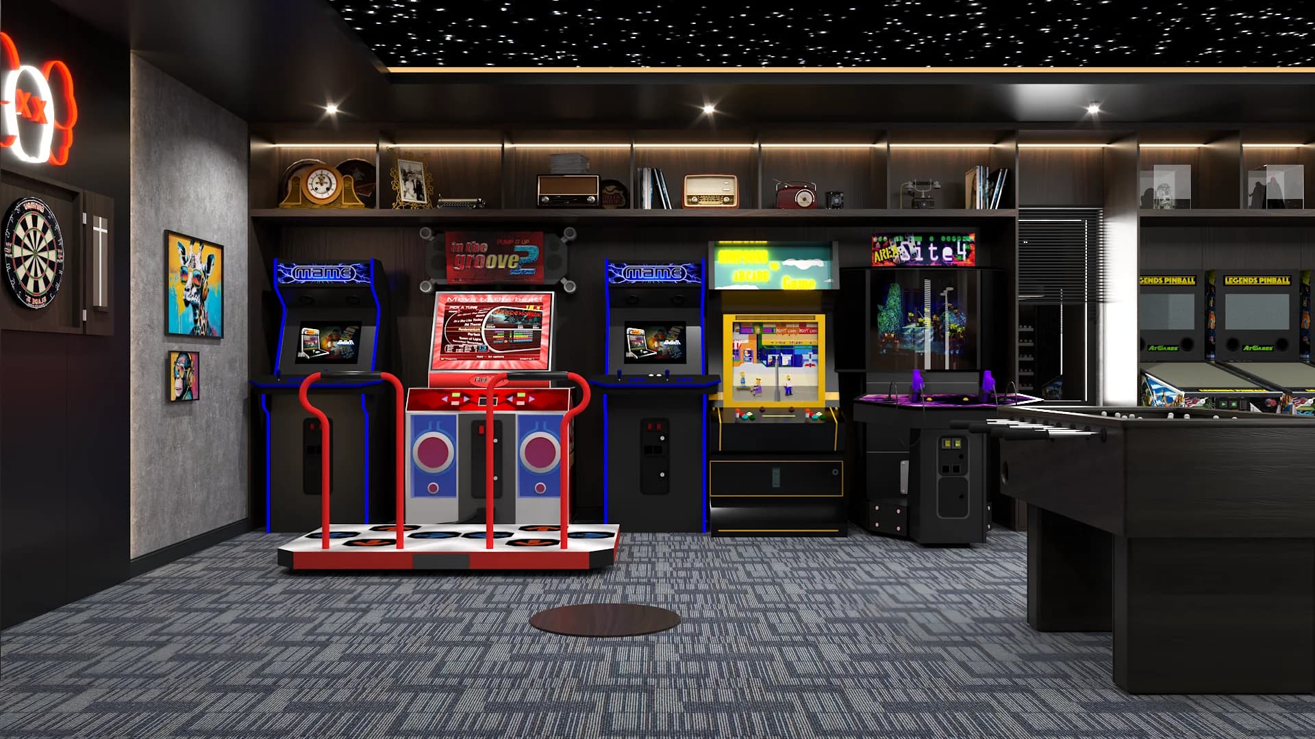 Dance pads on red platform between twin arcade cabinets under fiber optic star ceiling in dark game room