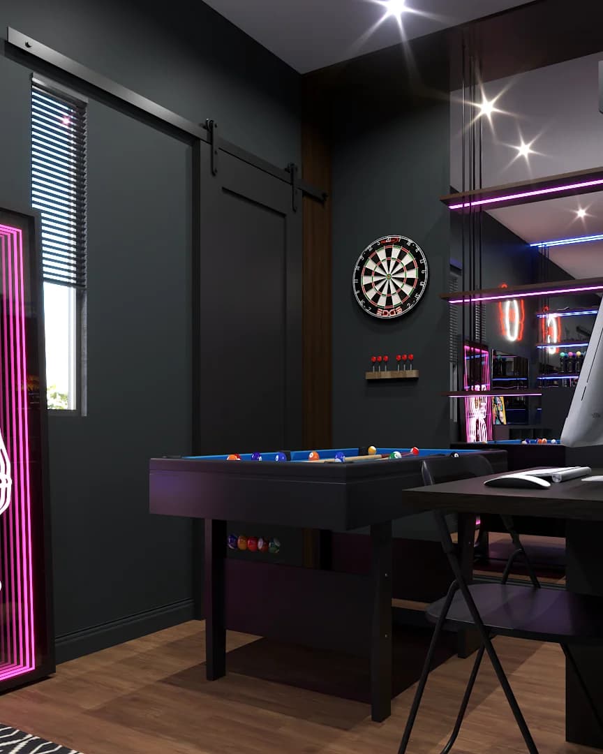 Magenta LED pool table with black barn door and wall-mounted dartboard in corner