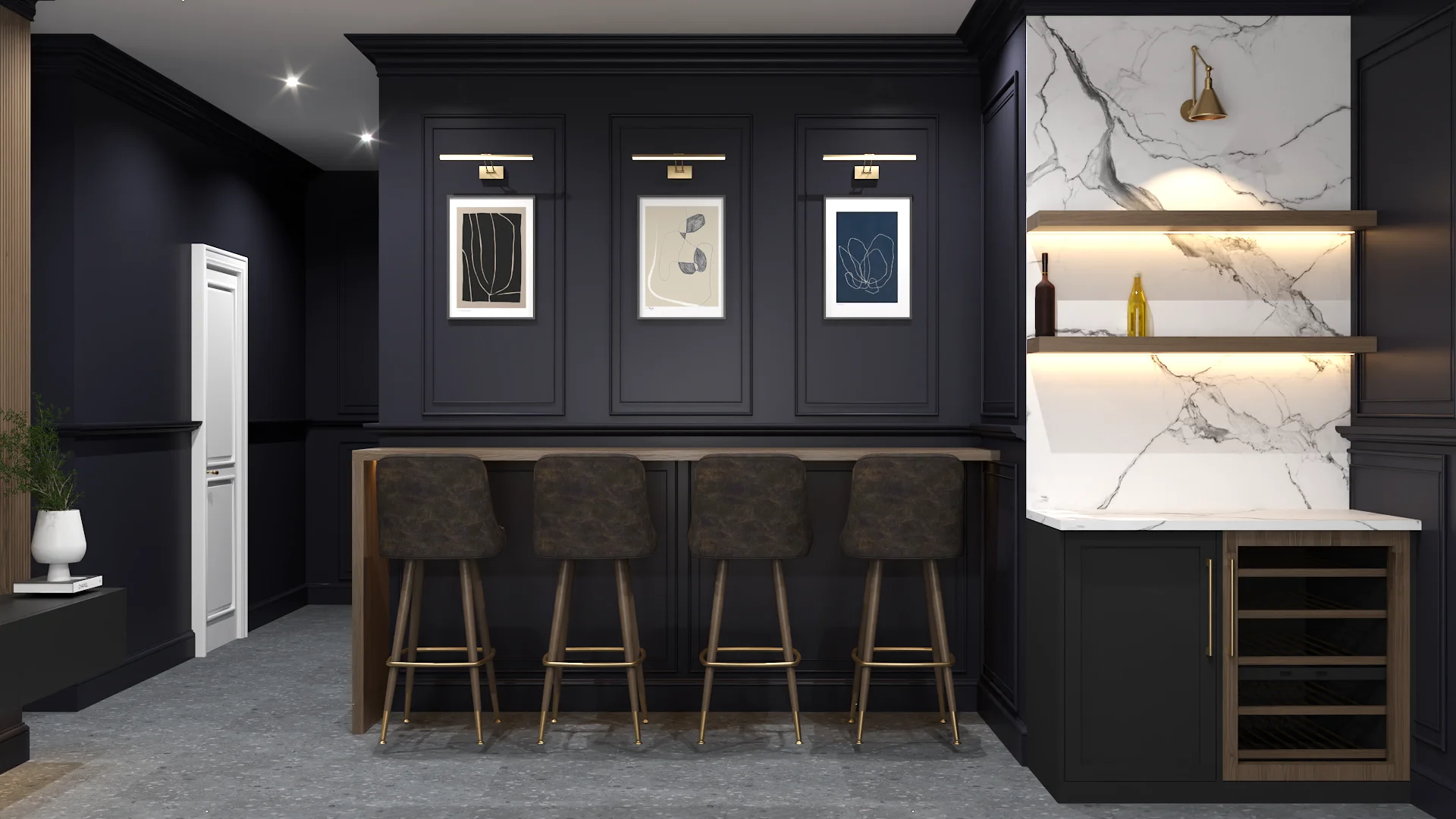 Navy bar counter with four brown leather stools facing a gallery wall with framed art