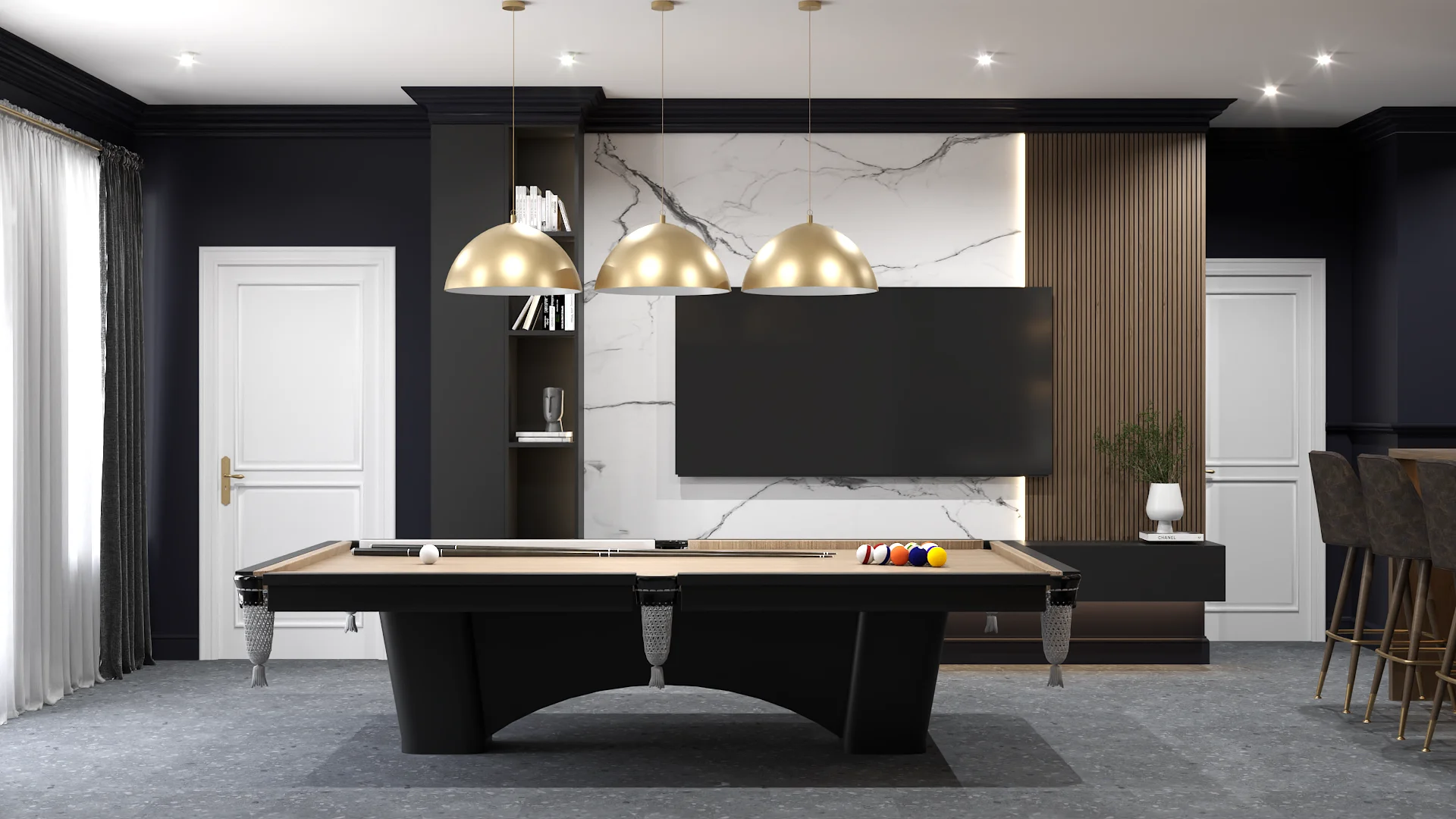 Navy billiard room with black pool table, triple gold dome pendants, marble wood slat TV wall