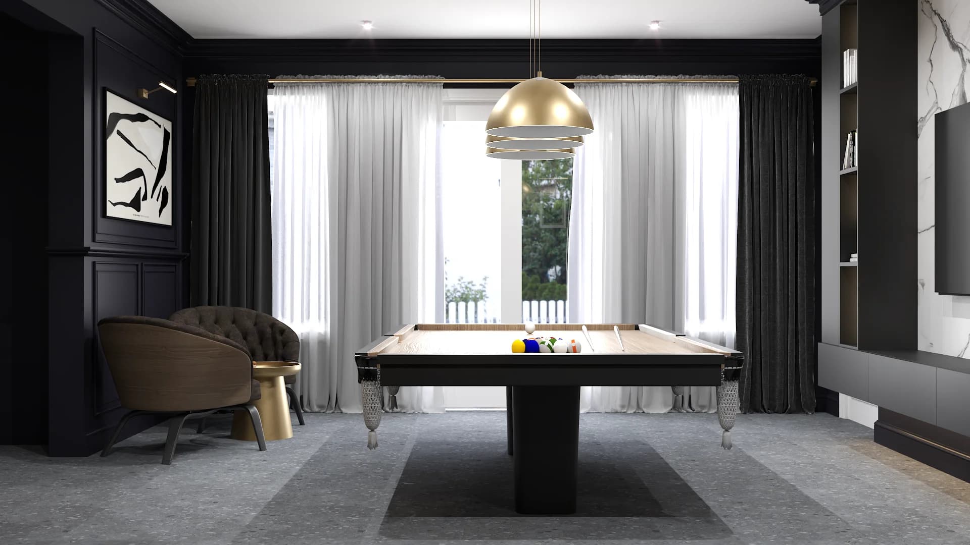 Navy billiard room with pool table, gold dome pendant, and sheer curtain window wall