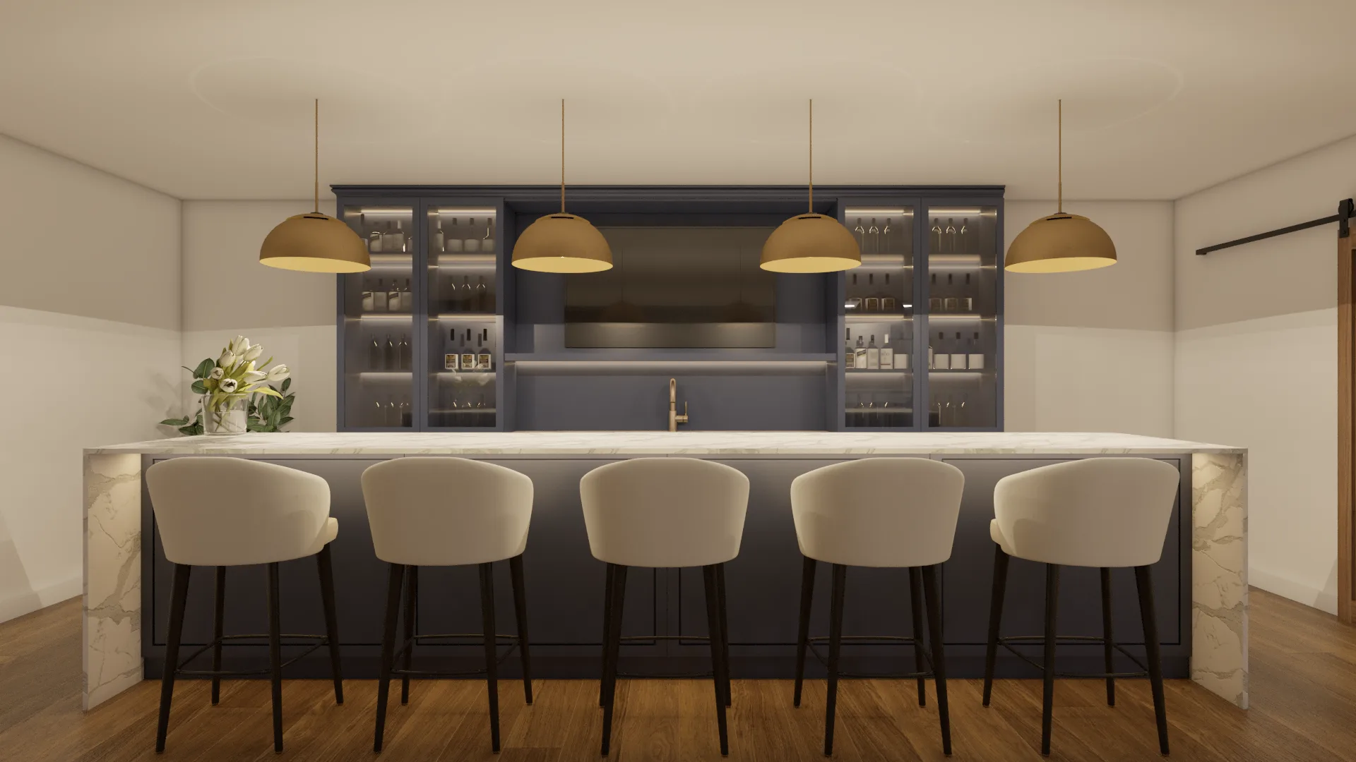 Basement bar with marble island, cream upholstered barstools, navy built-in back bar, and three brass dome pendants