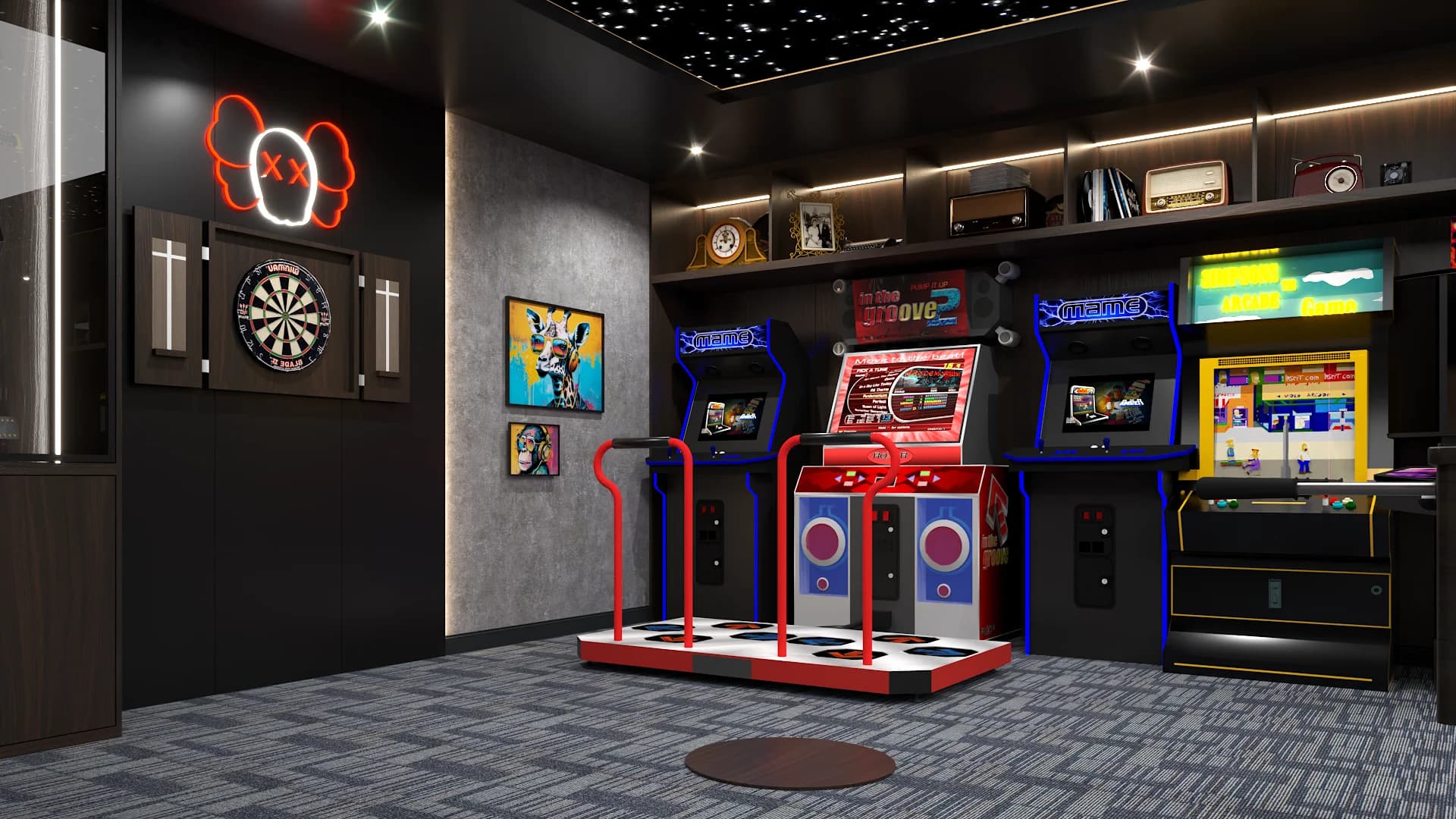 Wall-mounted dartboard beside classic arcade cabinets and Kaws-style neon wall signage