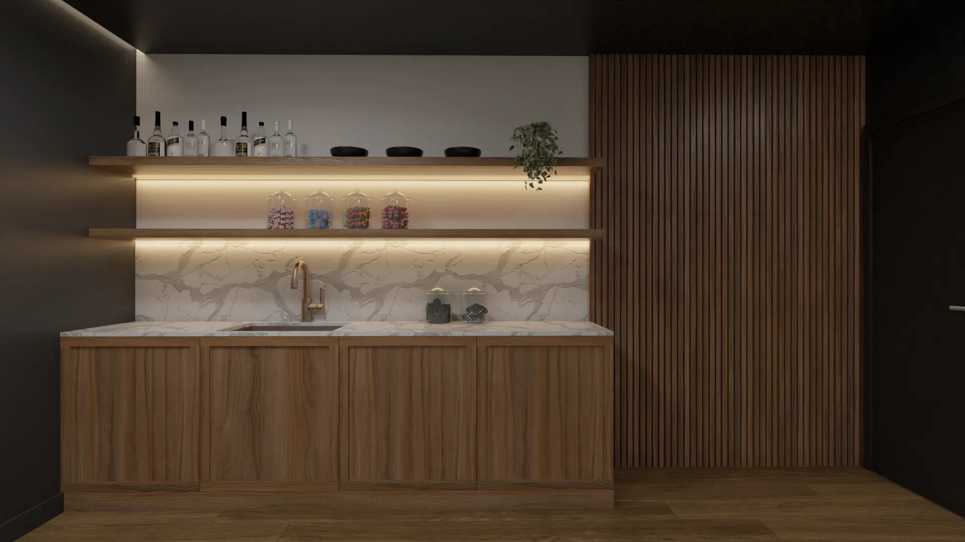 Built-in wet bar with walnut cabinets, marble backsplash, backlit open shelving, and vertical wood slat panel