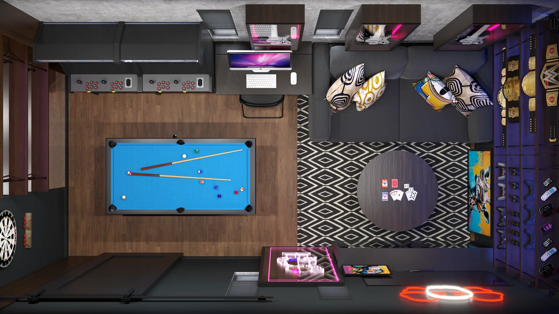 Overhead floor plan rendering of billiards nook with pool table and lounge seating