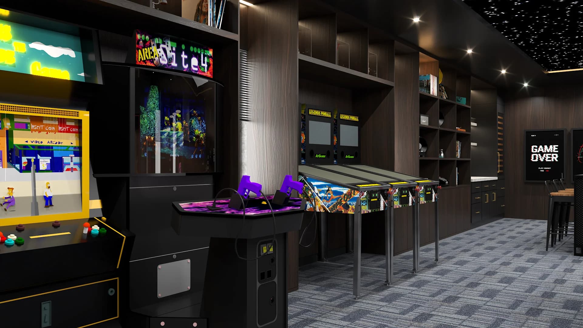 Row of classic pinball machines and arcade cabinets beside Game Over framed wall art