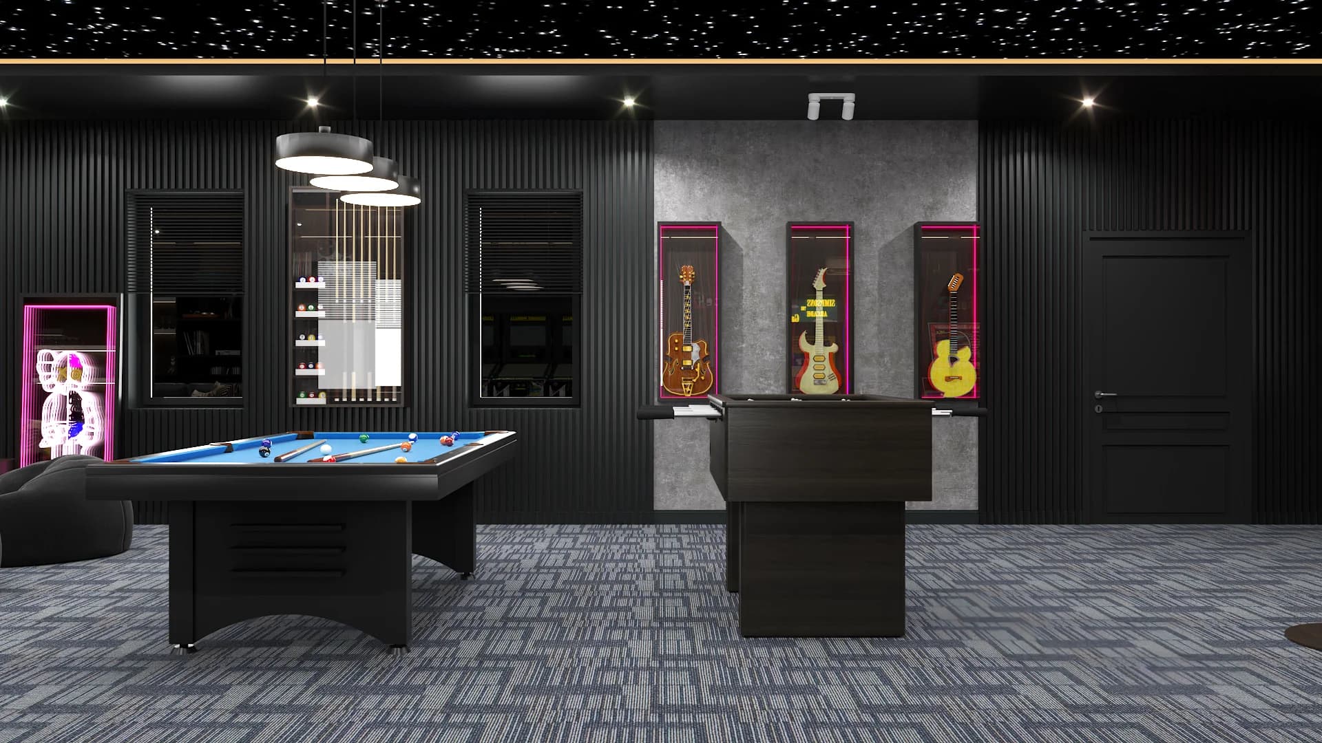 Pool table beside wall of framed electric guitars in pink-lit glass display cases
