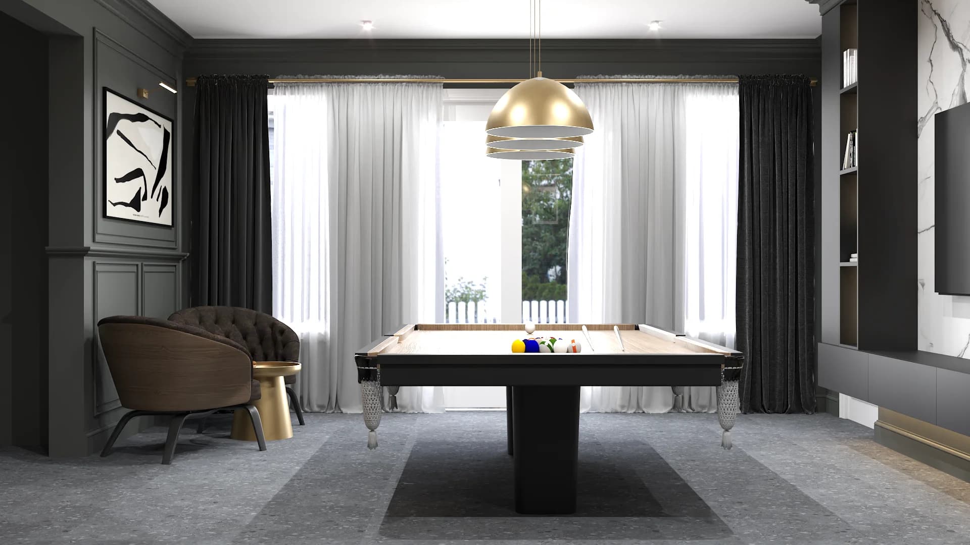 Pool table facing sheer curtains with natural light, gold dome pendant, tufted armchair