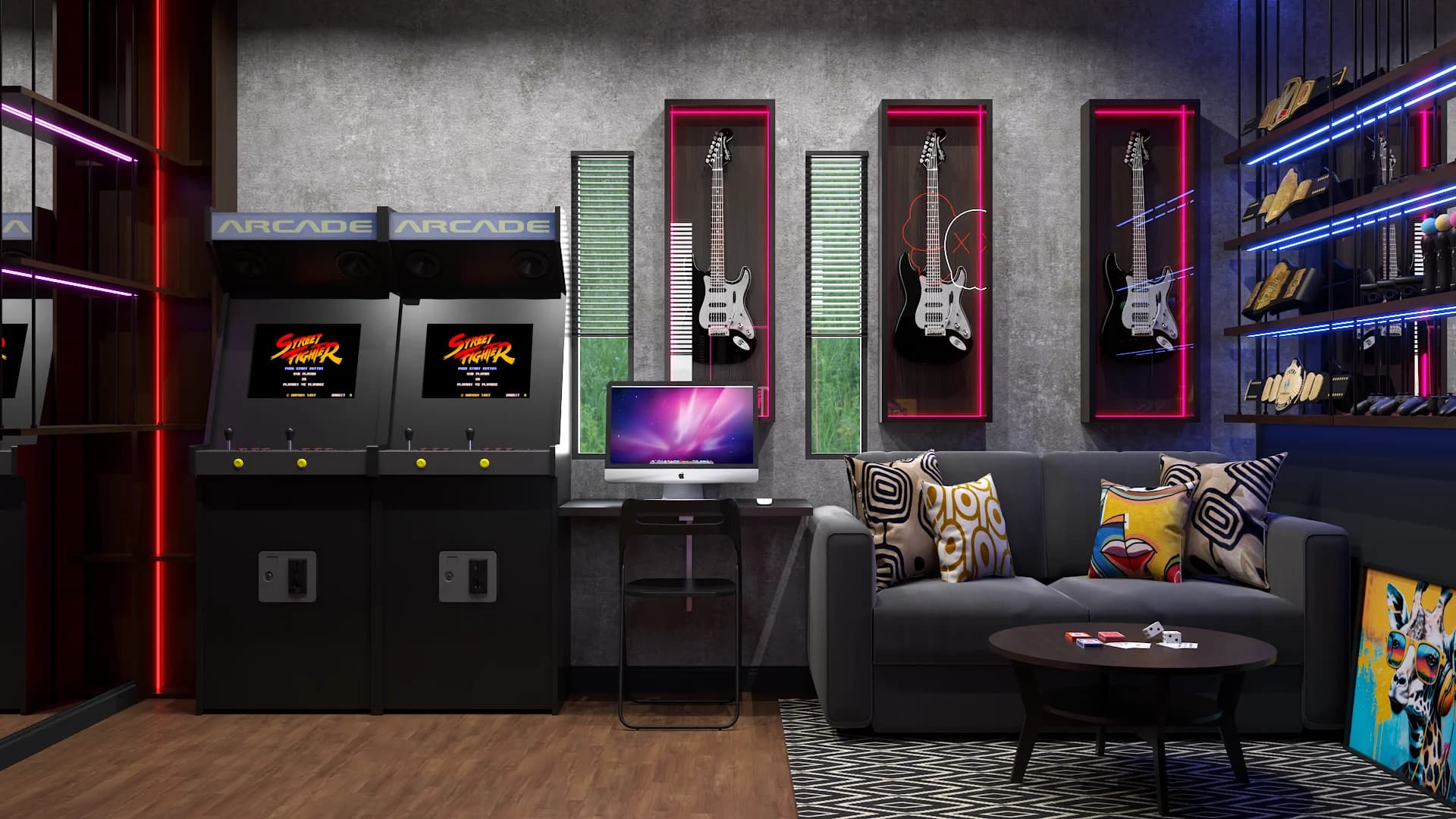 Street Fighter arcade cabinets beside blue felt pool table and gray lounge sofa