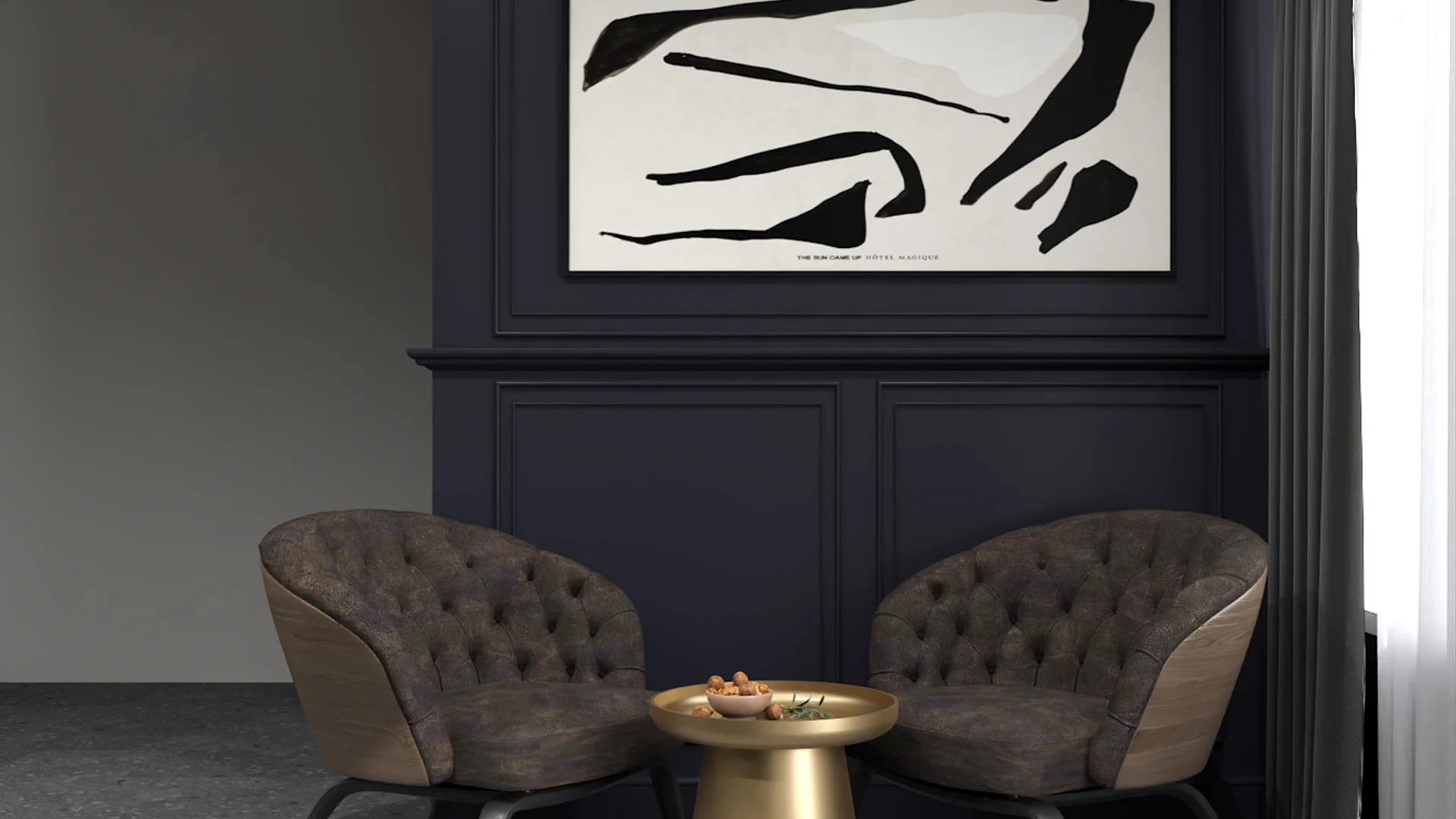 Two tufted brown armchairs flanking gold drum table against navy wainscoting with abstract art