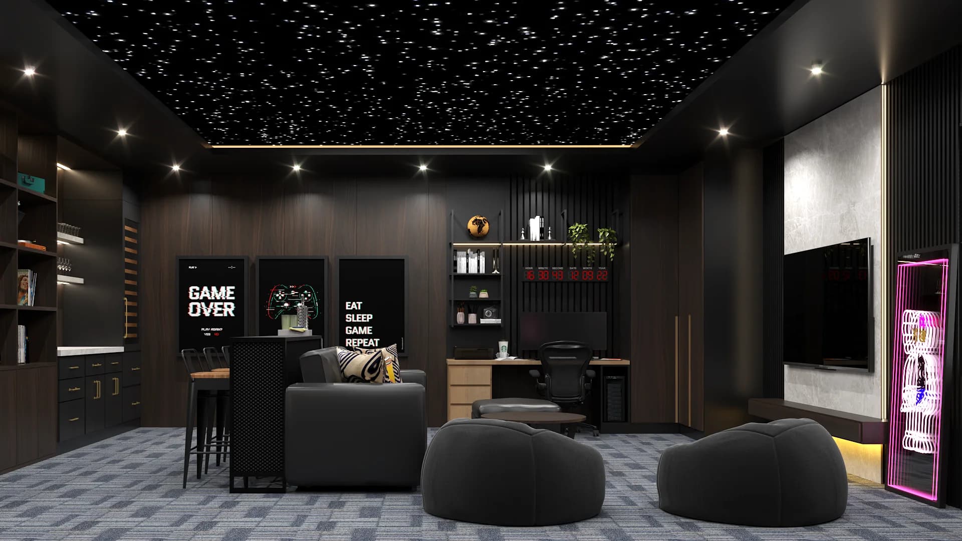 TV wall with gray sectional and two dark beanbag chairs under fiber optic star ceiling
