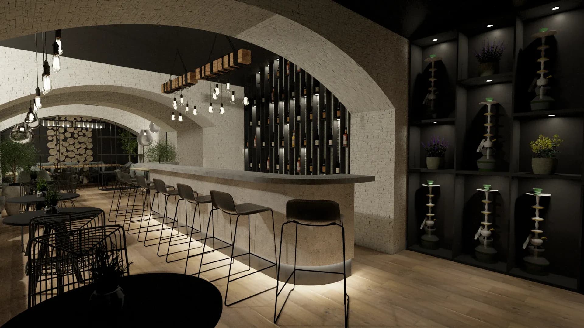 Dark moody bar interior with arched brick ceilings, long stone counter, black wireframe bar stools, floor-to-ceiling wine rack wall, Edison bulb pendant cluster, and warm wood flooring designed by Debora Interiors