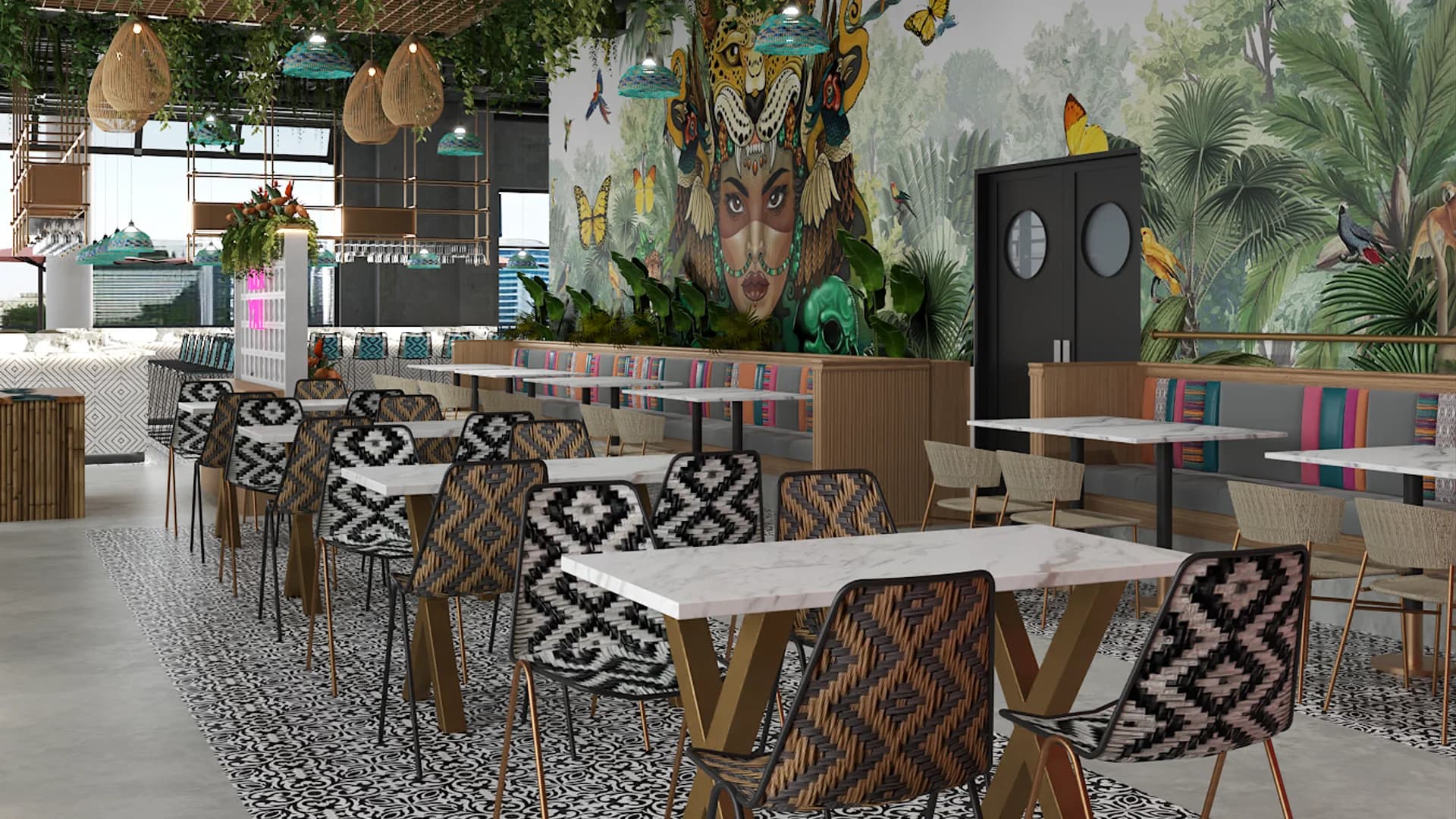 Dining room with woven Aztec chairs, marble tables, and tropical goddess mural