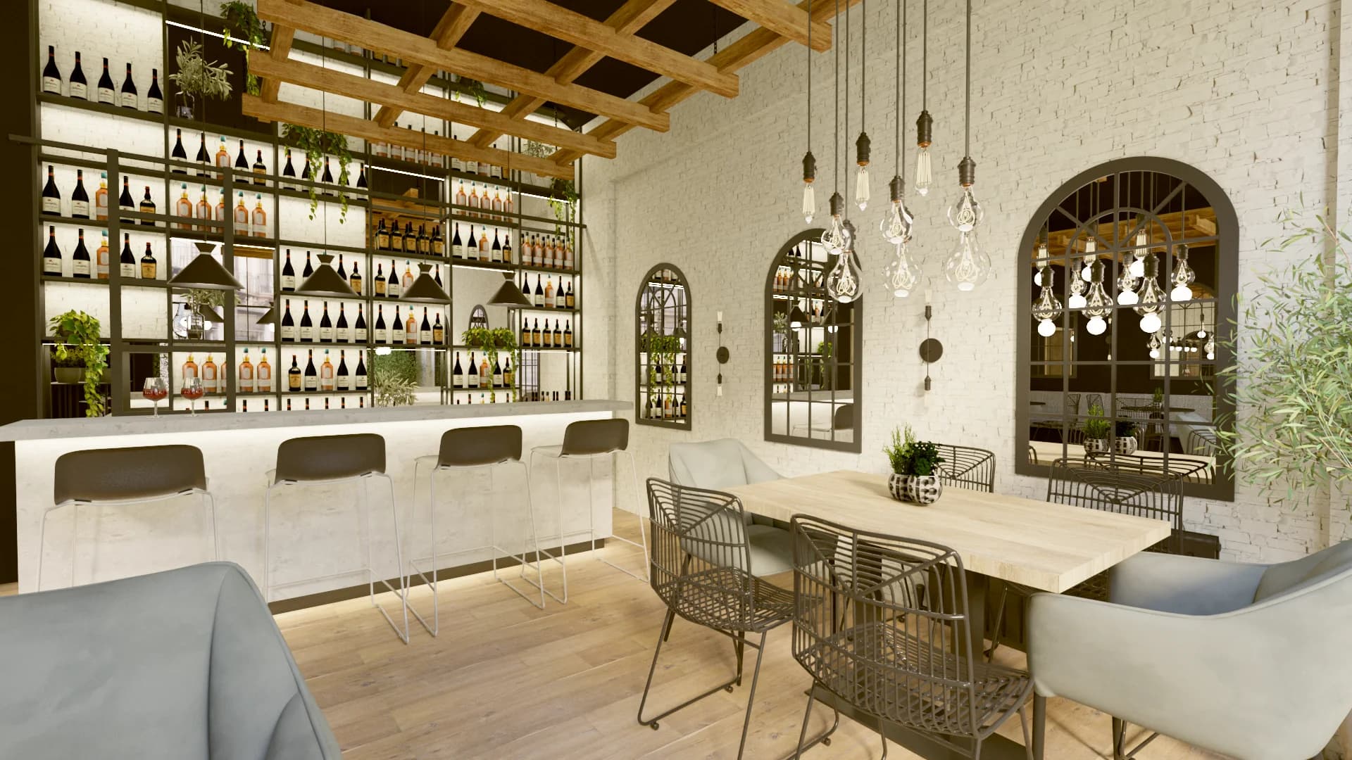 Bar counter with wine shelving, pendant bulb lights, arched mirrors, and wood ceiling grid