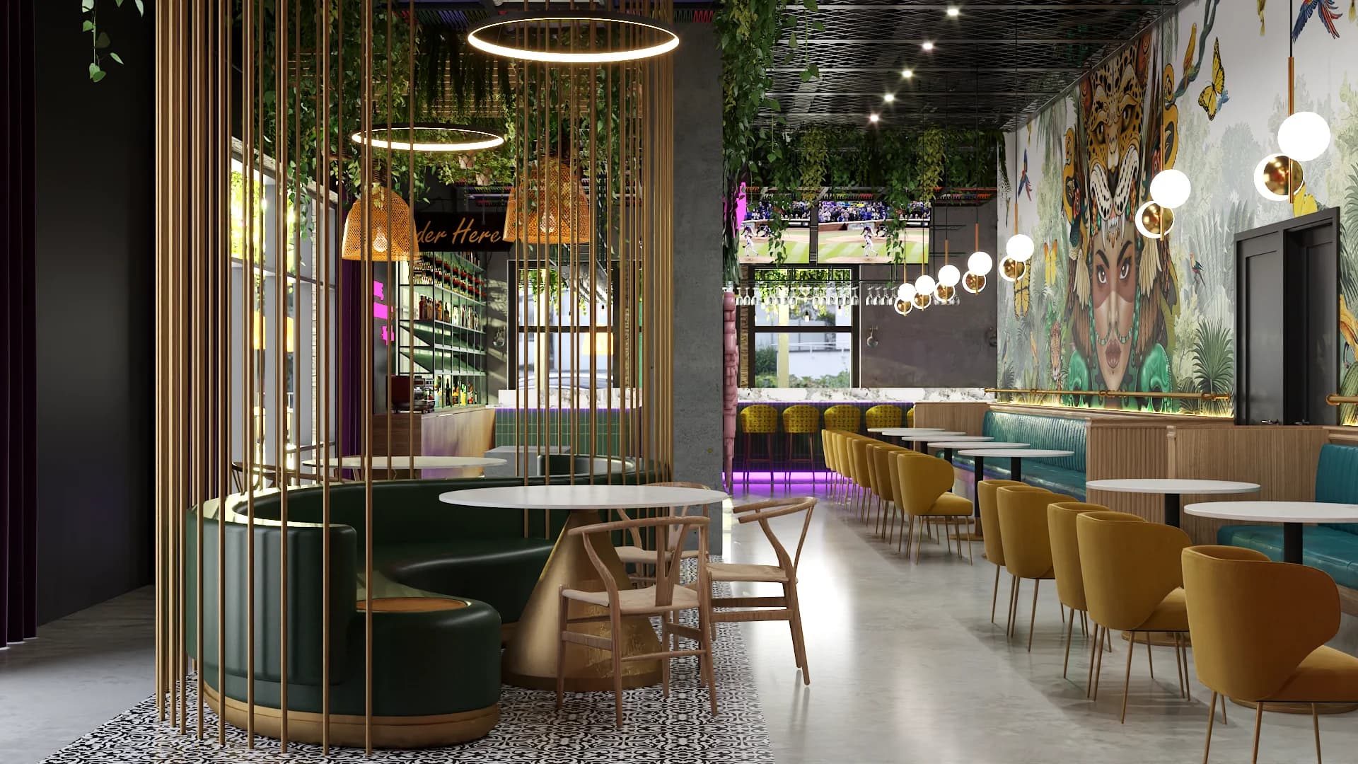 Brass rod circular booth with green velvet seating and globe pendants