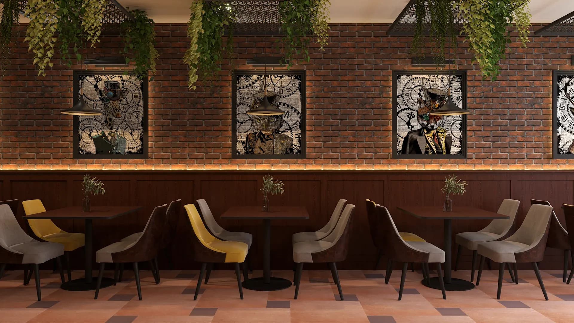 Steampunk restaurant interior with exposed red brick walls, clock gear framed artwork, yellow tufted chairs, brown leather booths, checkerboard tile floor, trailing ceiling greenery, and dark pendant lights designed by Debora Interiors