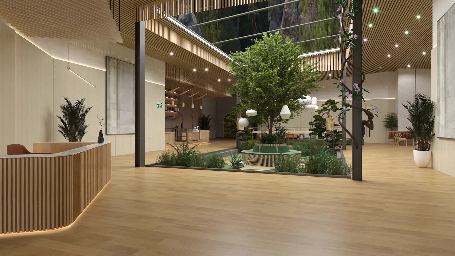 Open-plan restaurant lobby with a curved fluted wood reception counter, indoor garden courtyard visible through floor-to-ceiling glass walls featuring a mature tree and tropical plantings, slatted wood ceiling with recessed lighting, and warm oak plank flooring throughout