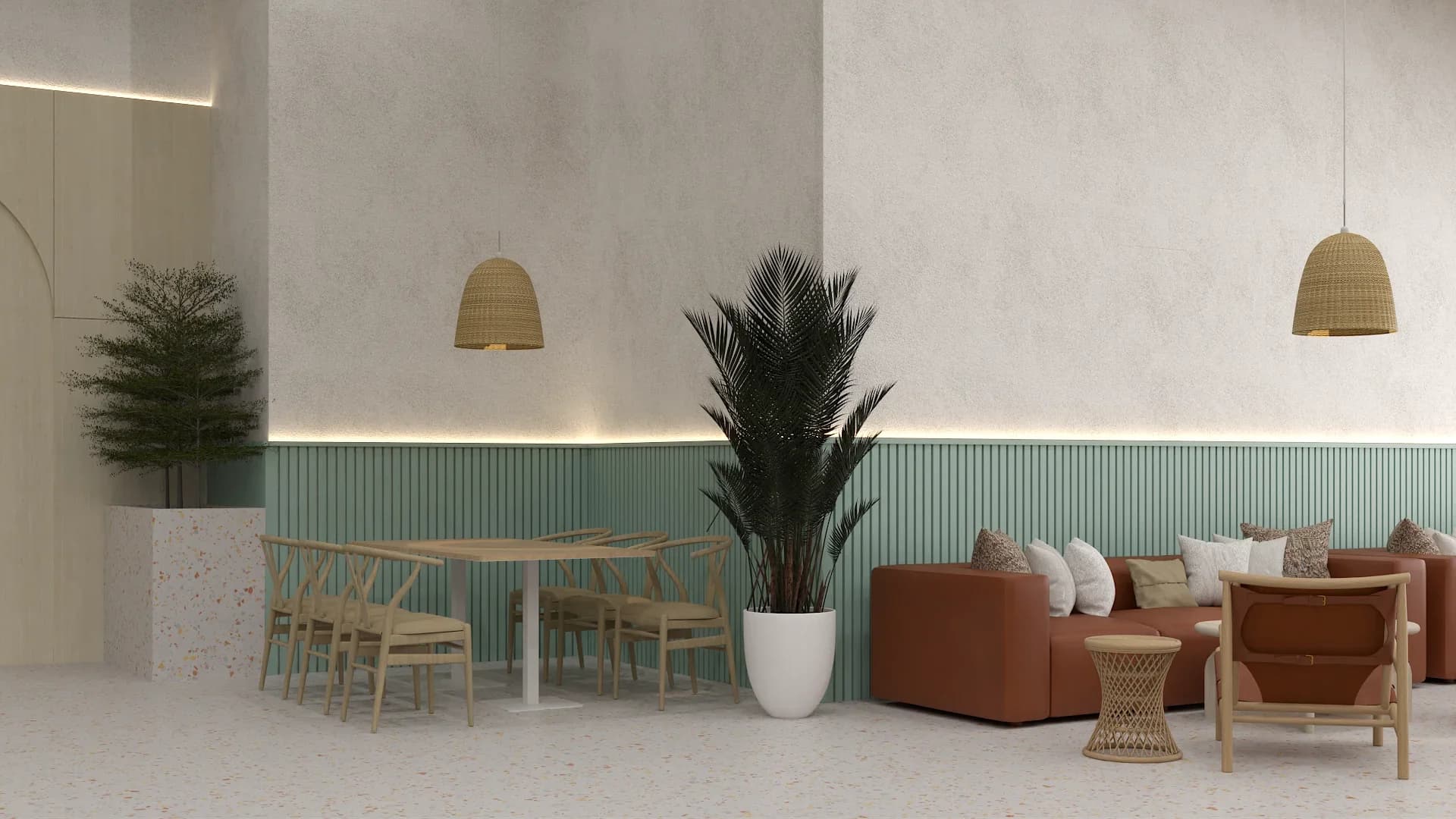 Cafe dining area with sage green fluted wainscoting, terrazzo flooring, light wood wishbone chairs around a round table, woven bell pendant lights, a tall palm plant in a white pot, and a terracotta leather sofa with a rattan side table against plastered walls