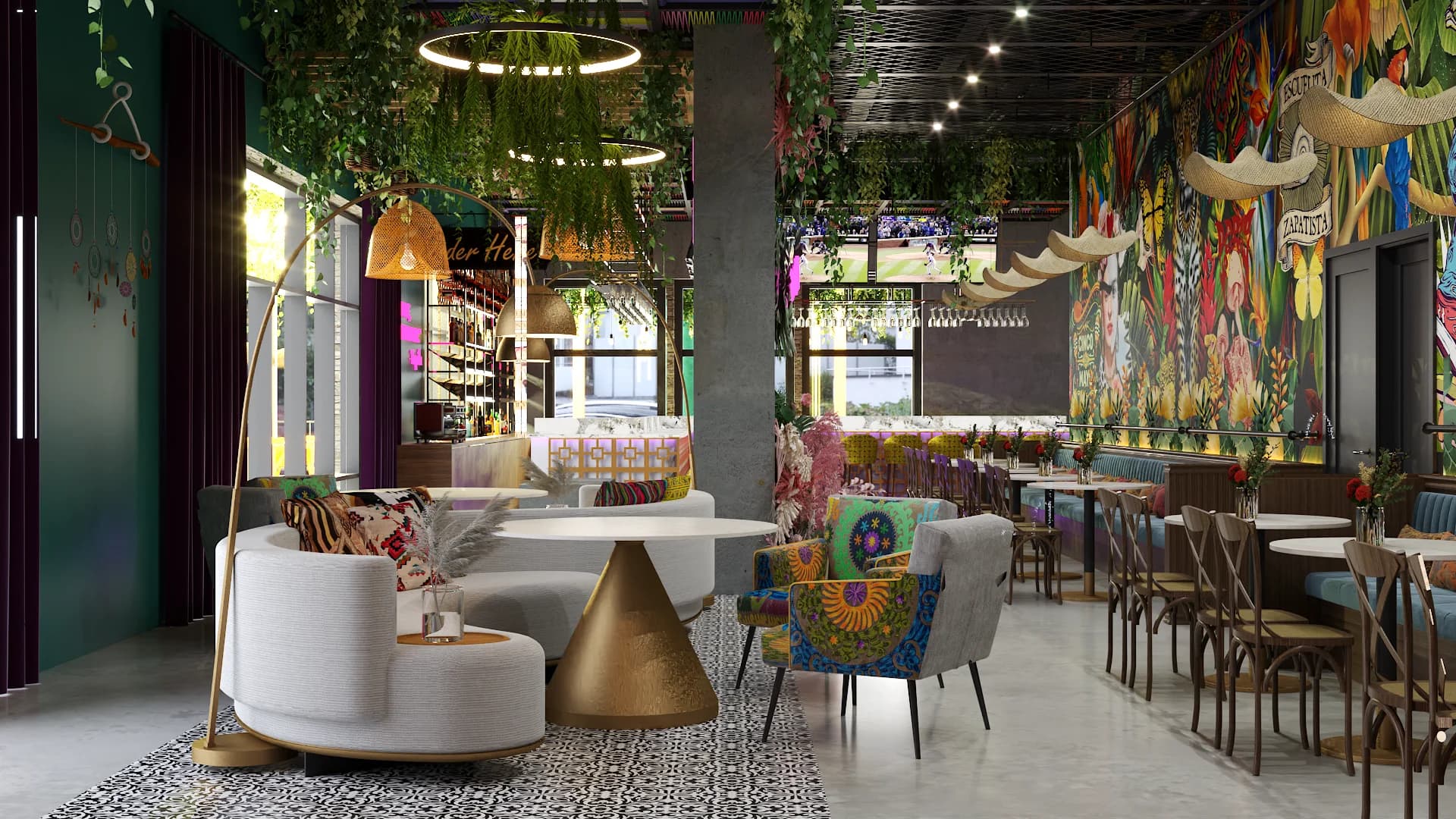 Curved white sofa with gold cone table, tropical mural wall, and hanging plants