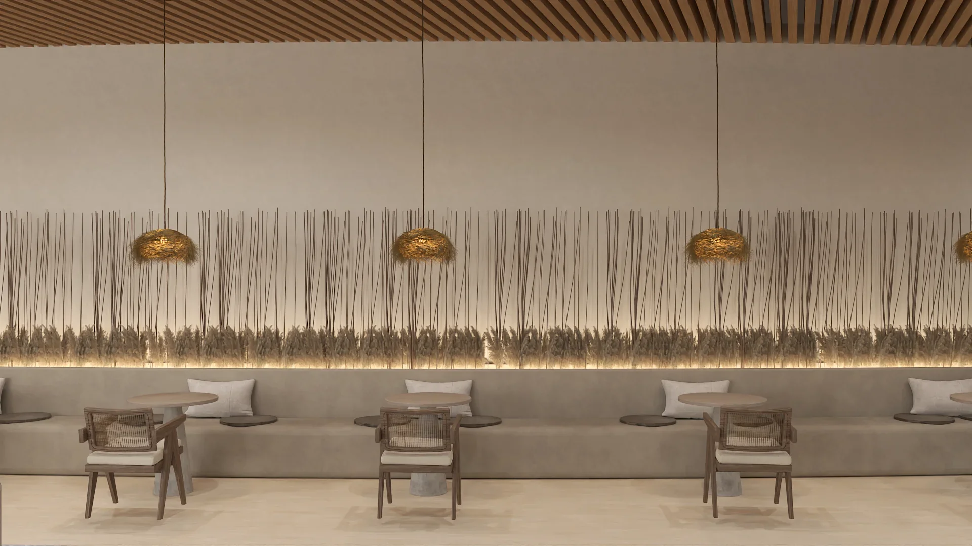 Long concrete banquette seating with white linen cushions and cane-back dining chairs at small round concrete-base tables, backlit dried reed stick art installation spanning the full wall, golden woven nest sconce lights, wood slat ceiling, and warm ambient uplighting along the base