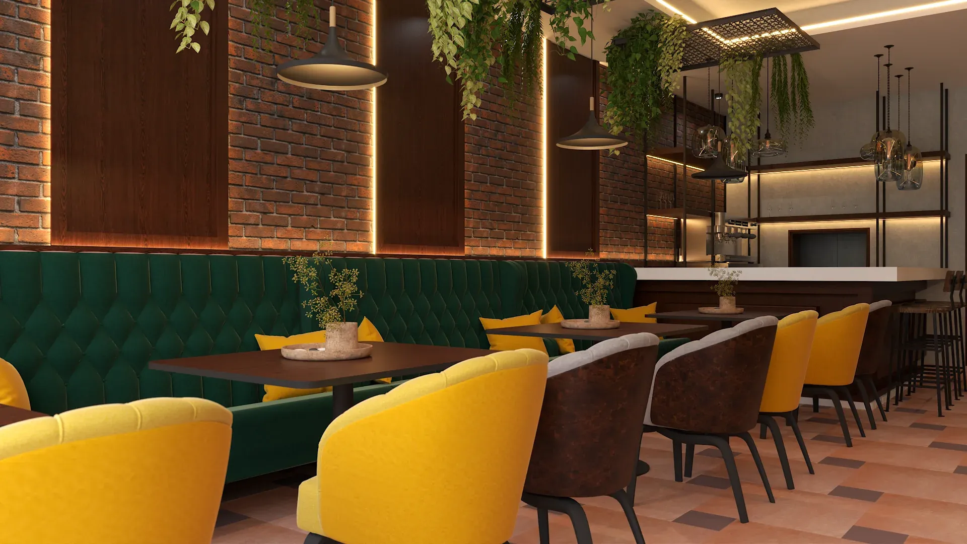 Restaurant interior with emerald green diamond-tufted banquette seating along an exposed red brick wall, mustard yellow barrel chairs, brown leather armchairs, dark disc pendant lights, trailing ceiling greenery, and amber backlighting designed by Debora Interiors