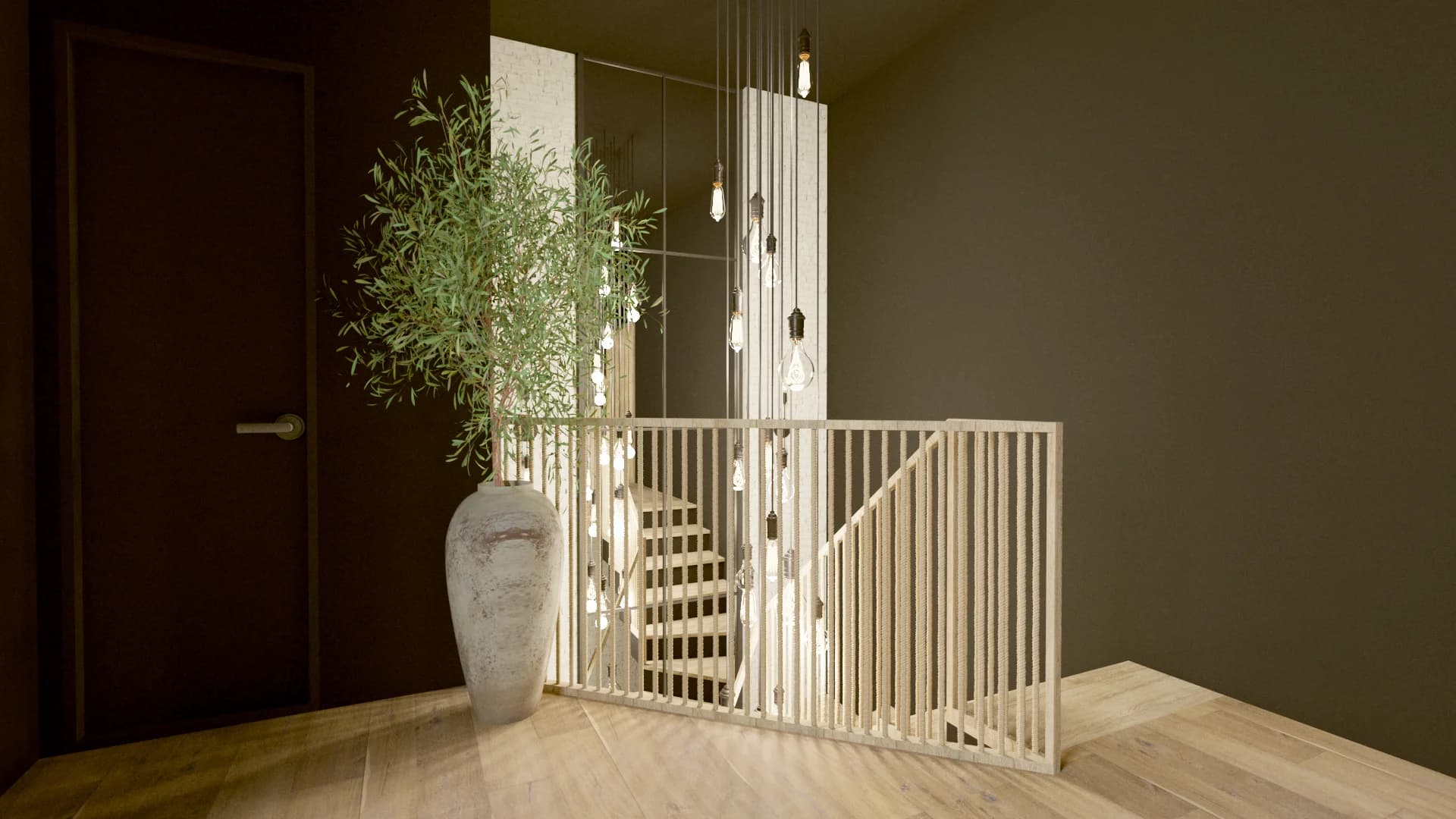 Staircase entry with cream wood railing, pendant bulb chandelier, and large olive tree vase
