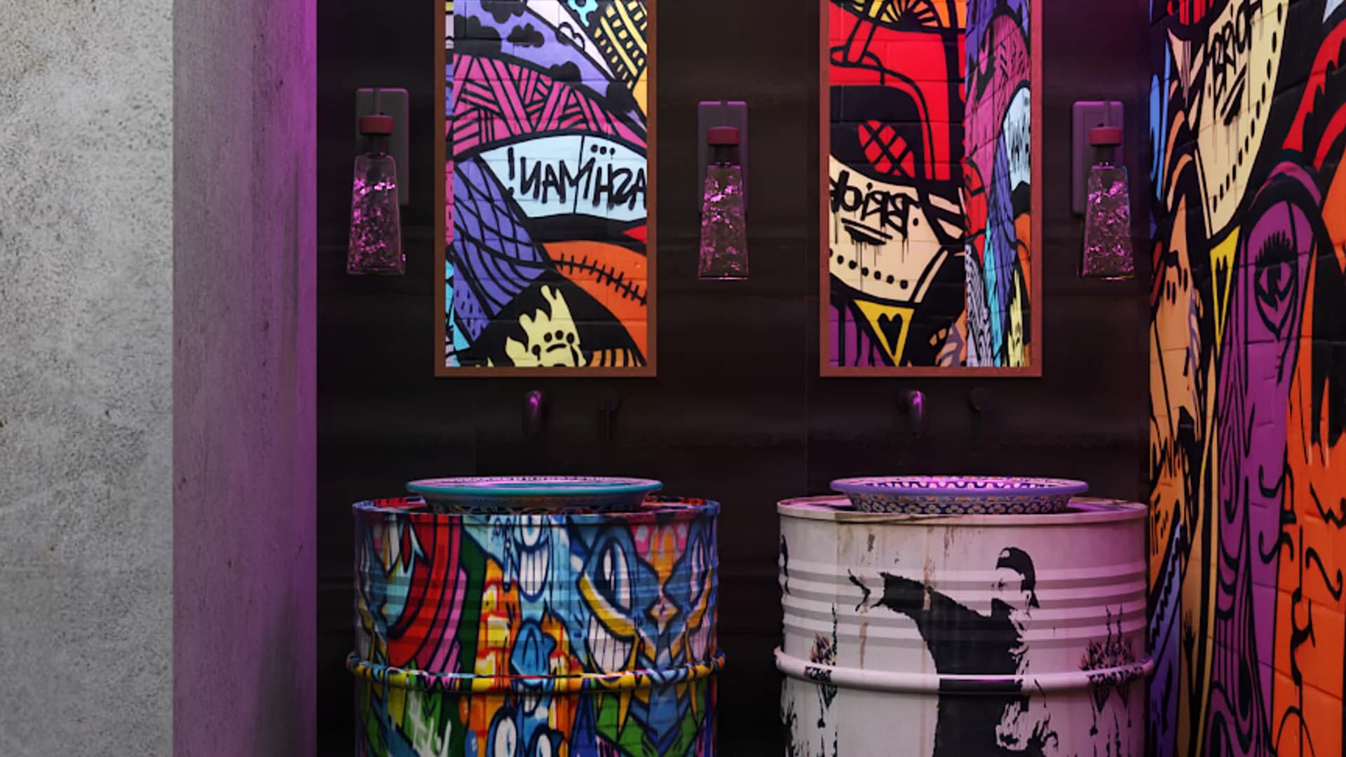 Street art graffiti restroom with painted barrel sinks and colorful murals